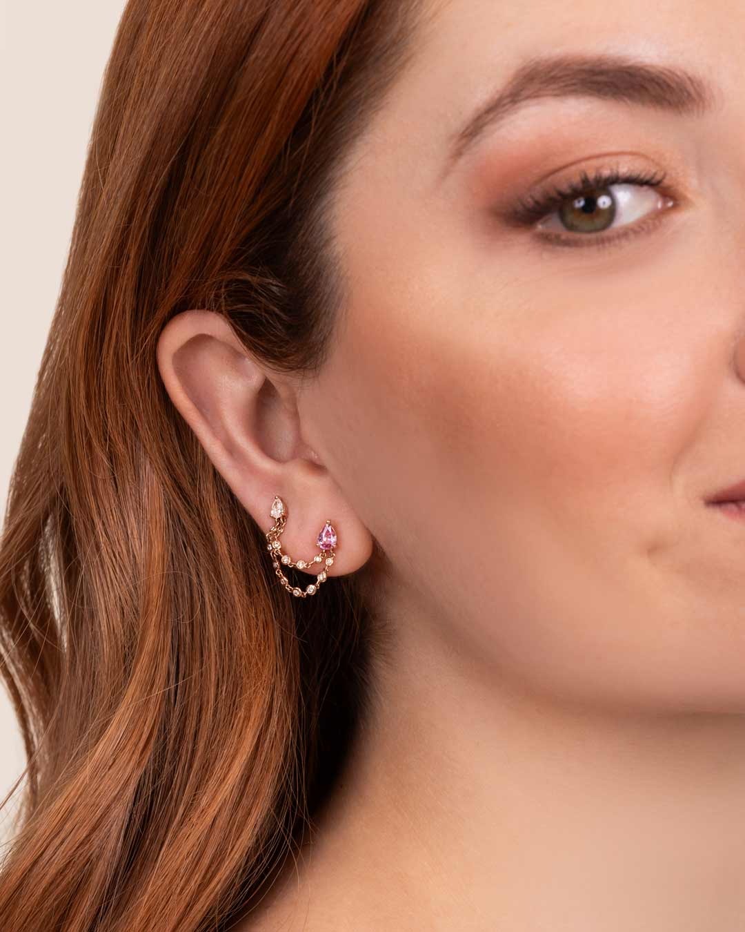 D0.27 14KR PEAR PINK SAPPHIRE AND DIAMOND CHAIN EARRING