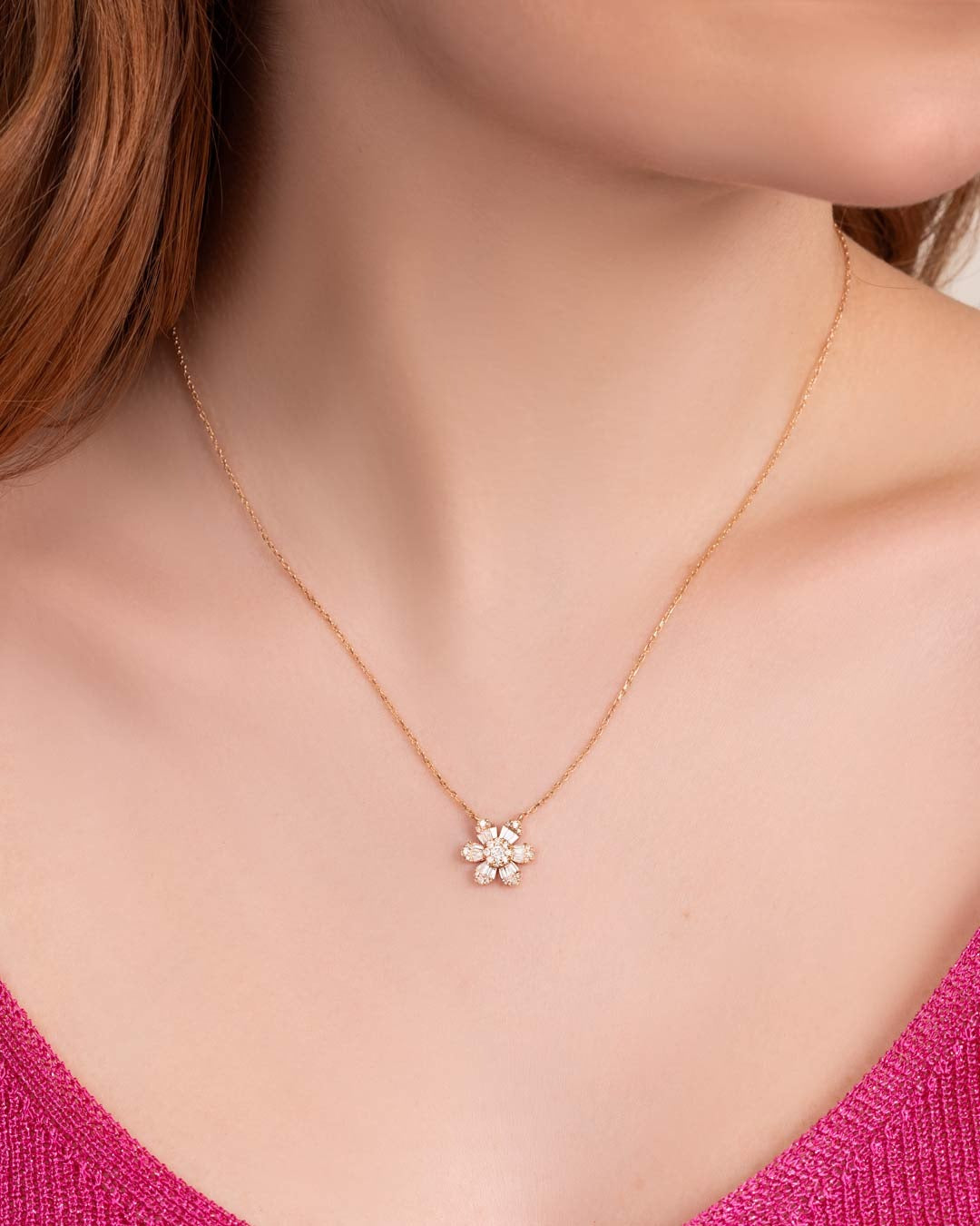 14K ROSE GOLD DIAMOND FLOWER NECKLACE