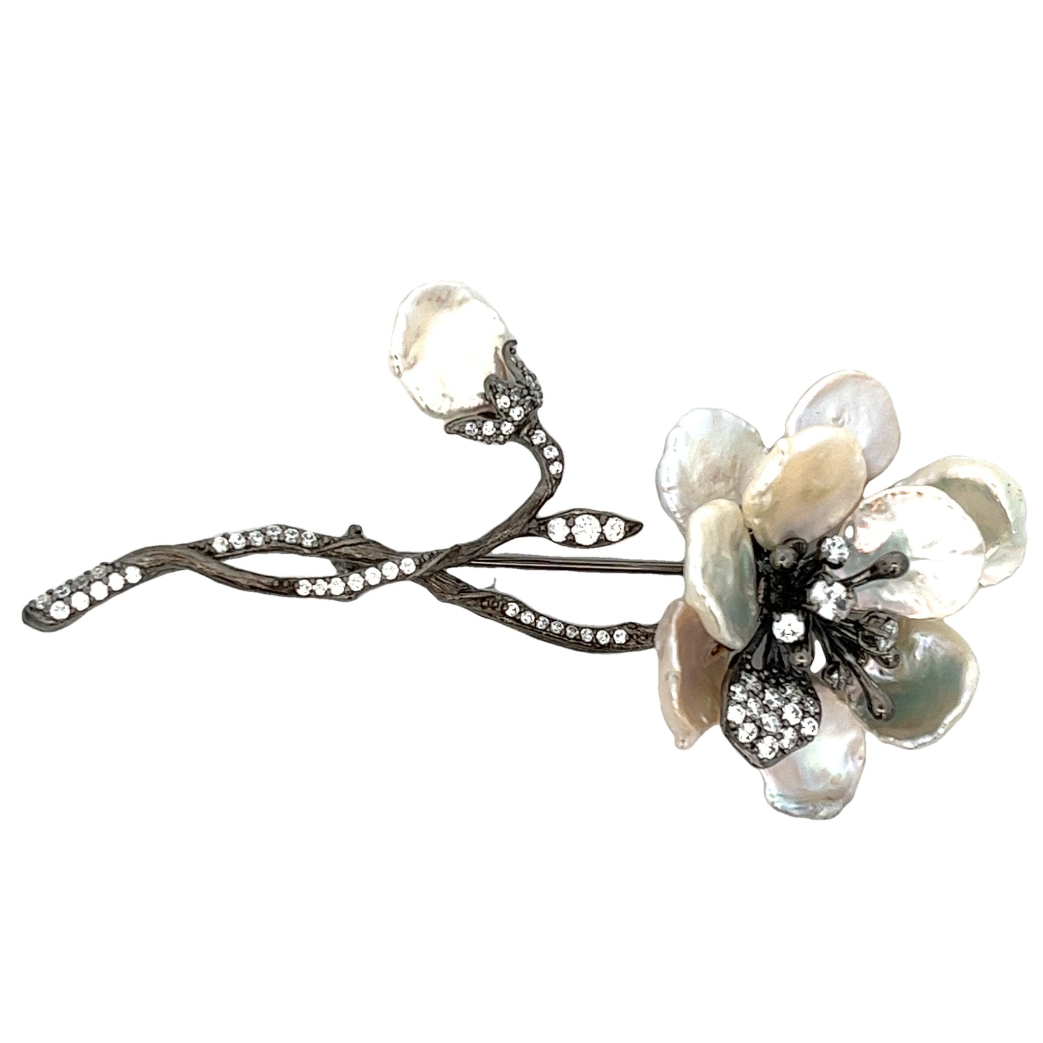 BROOCH SILVER CENTER WHITE CZ FRESH WATER WHITE PEARL BP - C'SANTOS