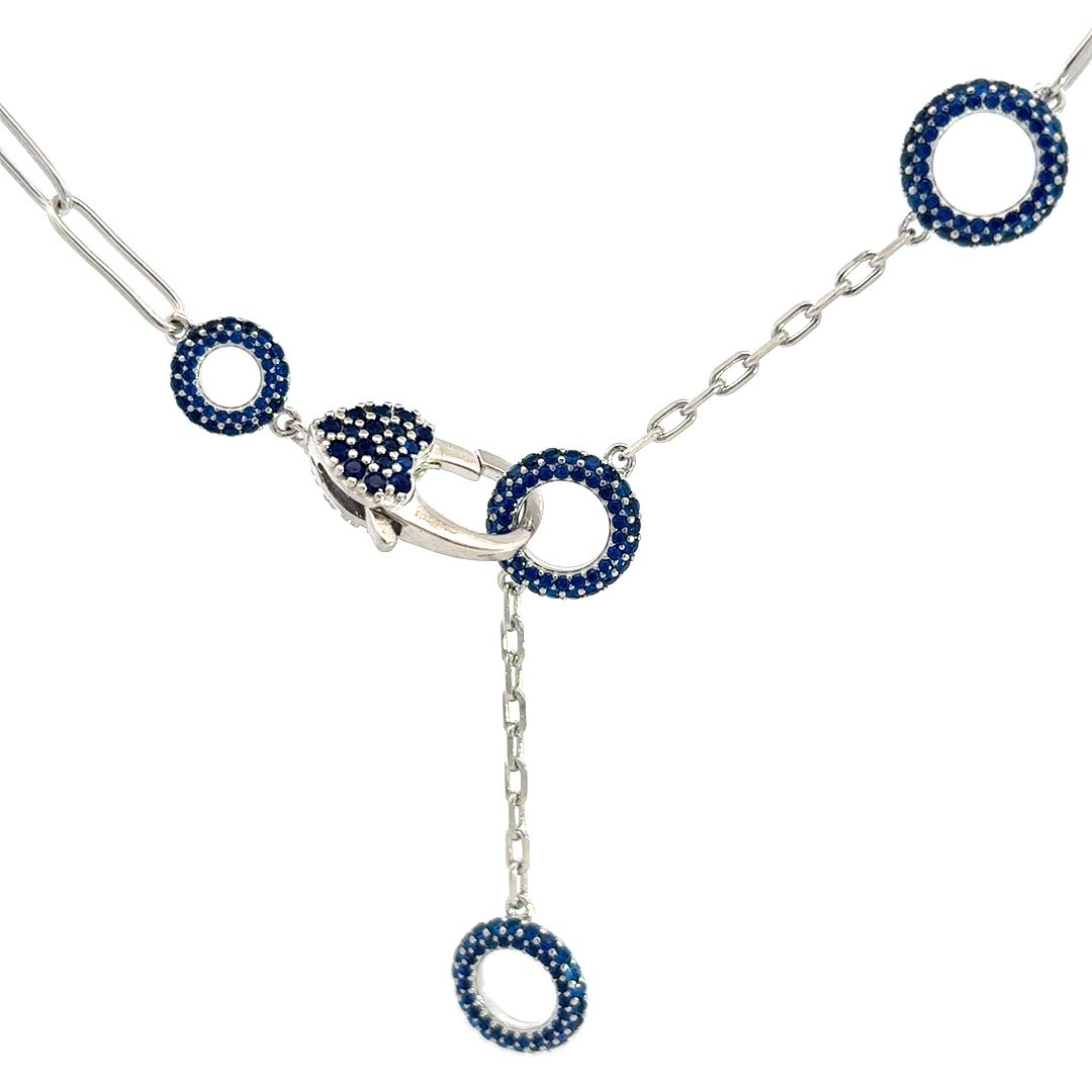 925SL TRIPLE CIRCLE CZ BLUE PAPERCLIP NECKLACE