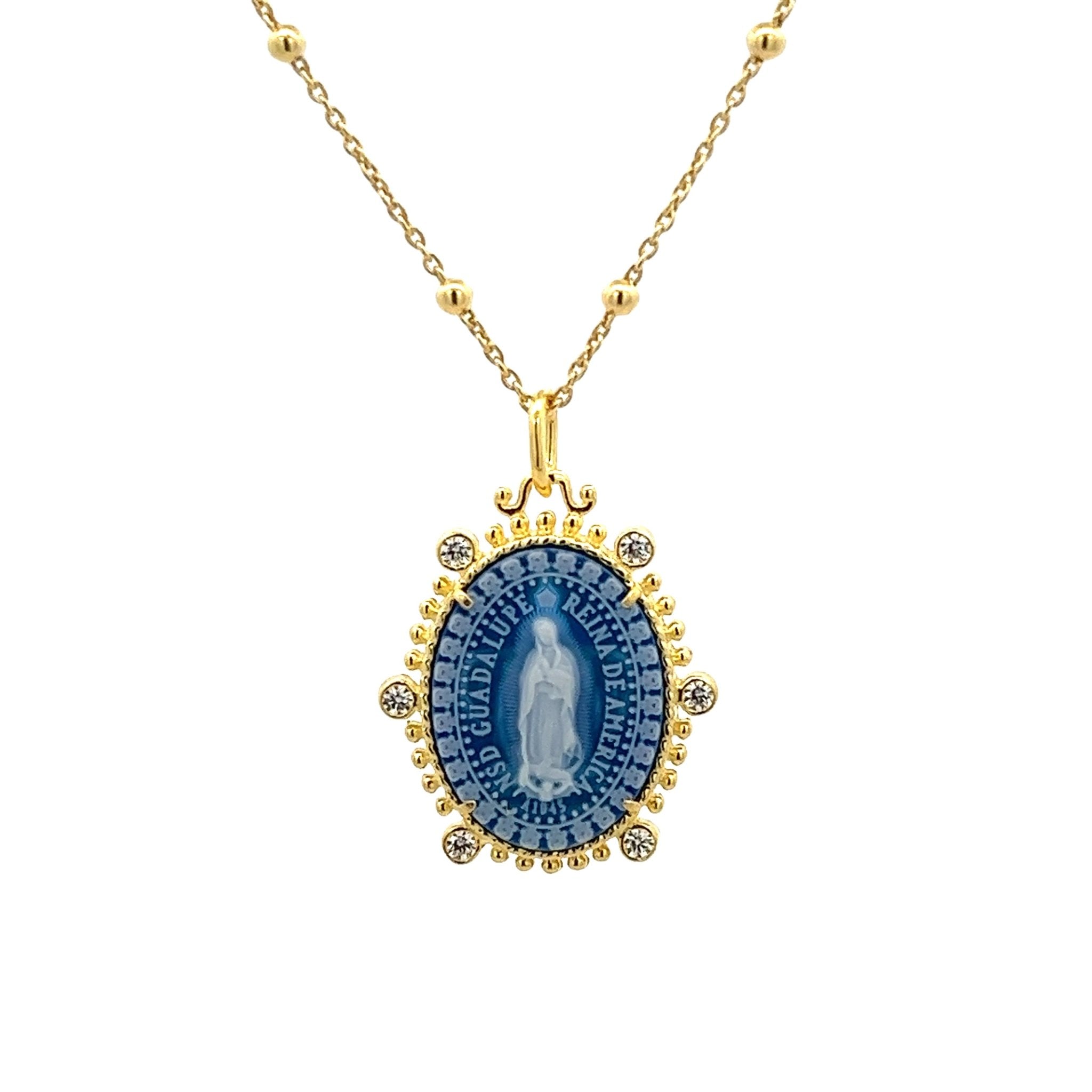 COLLAR CON CAMAFEO DE LA VIRGEN GUADALUPE EN AGATA AZUL CON CRISTALES EN PLATA 925 CON BAÑO DE ORO AMARILLO - C'SANTOS