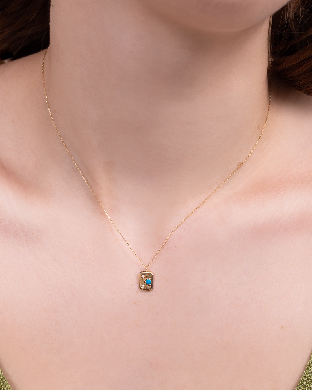 14K GOLD NECKLACE GH-SI DIAMOND 0.0185CT BLUE TURQUOISE