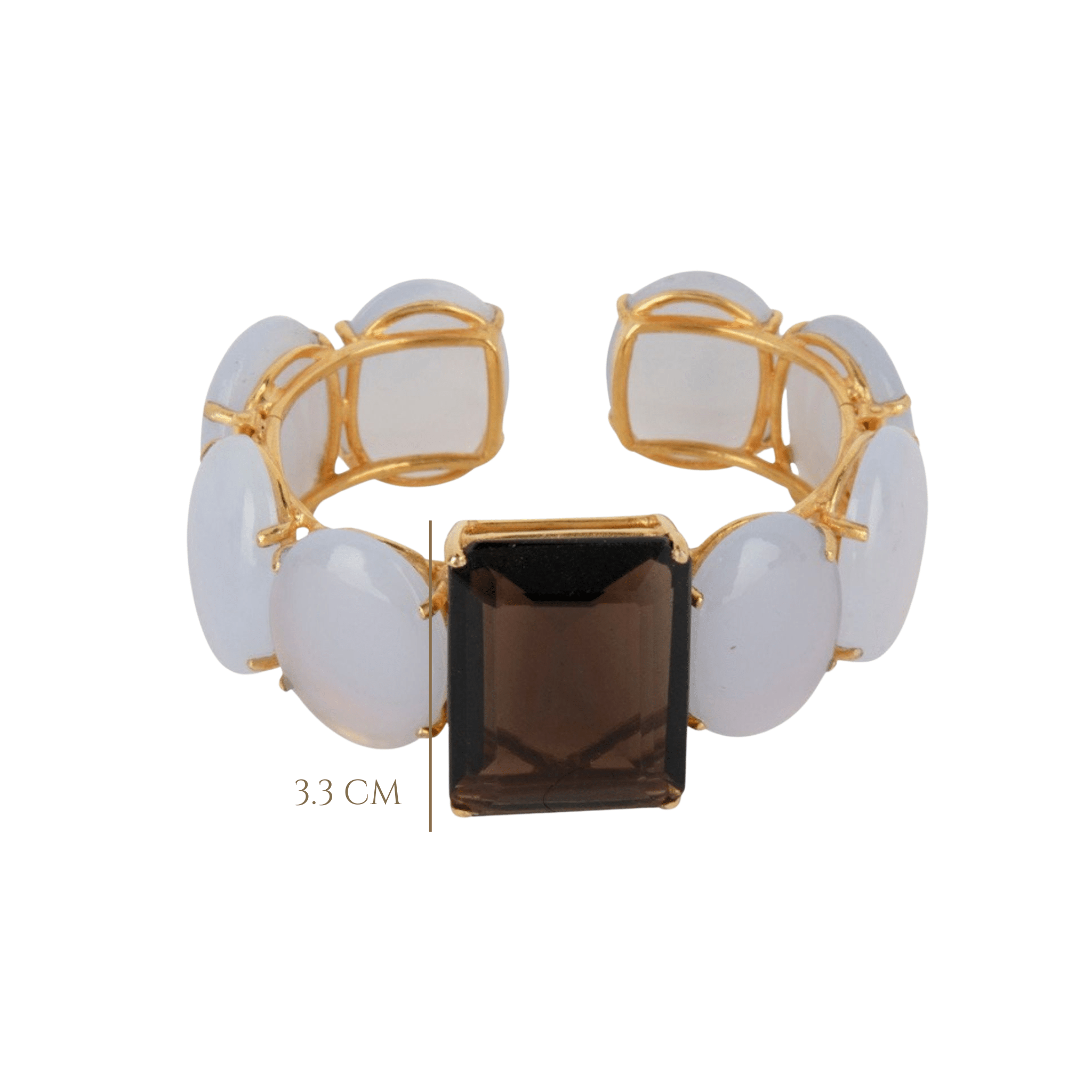 CUFF HINGED SET WITH 26X19 OVAL CHALCEDONY CABOCHONS AND EMERALD CUT 33X23 SMOKY QUARTZ CENTER - C'SANTOS