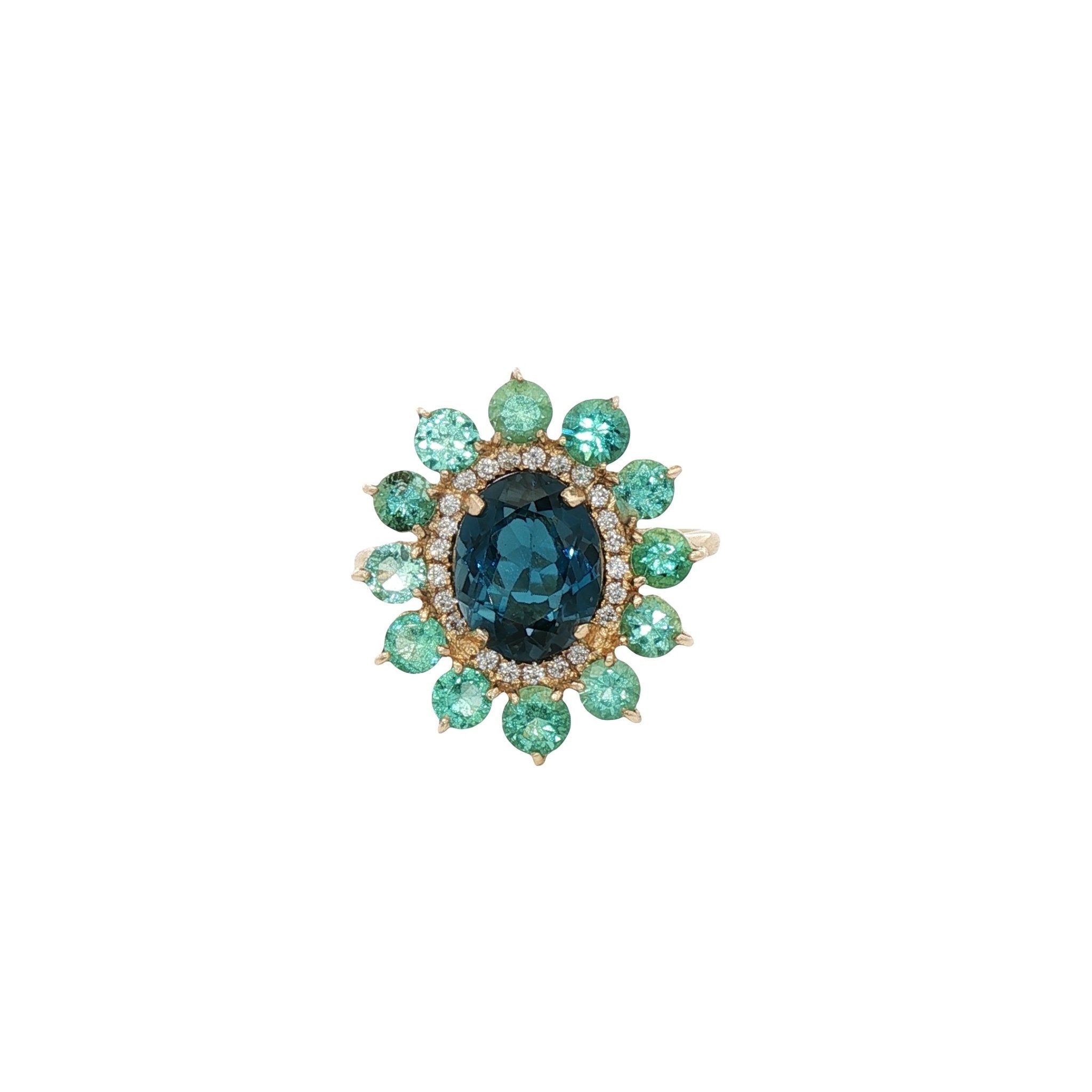 D0.12CT 14KY RING LONDON BLUE TOPAZ 4CT AND EMERALDS T6 - C'SANTOS