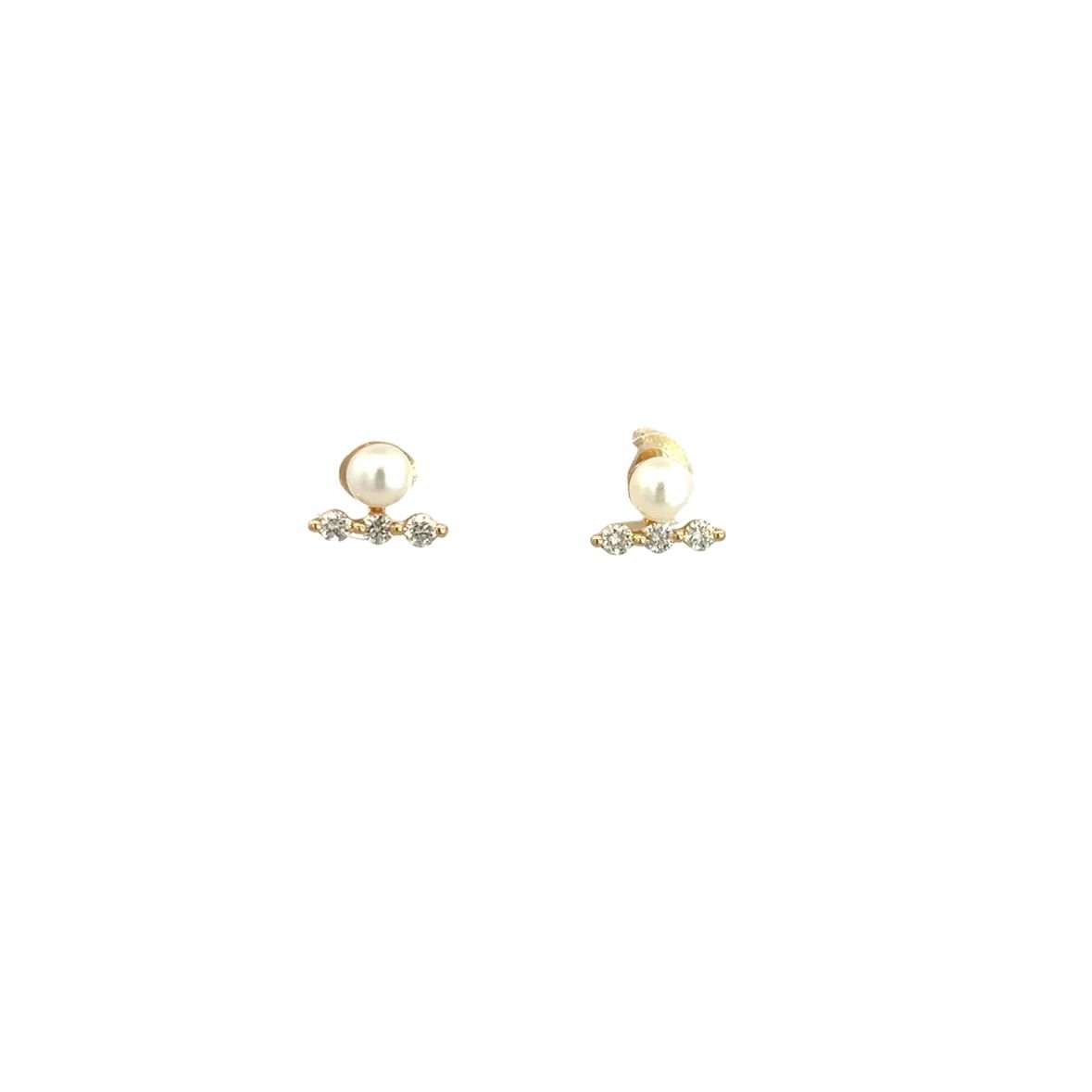 D0.15CT 14KY BAR 3 DIAMOND AND PEARL 4MM EARRINGS - C'SANTOS