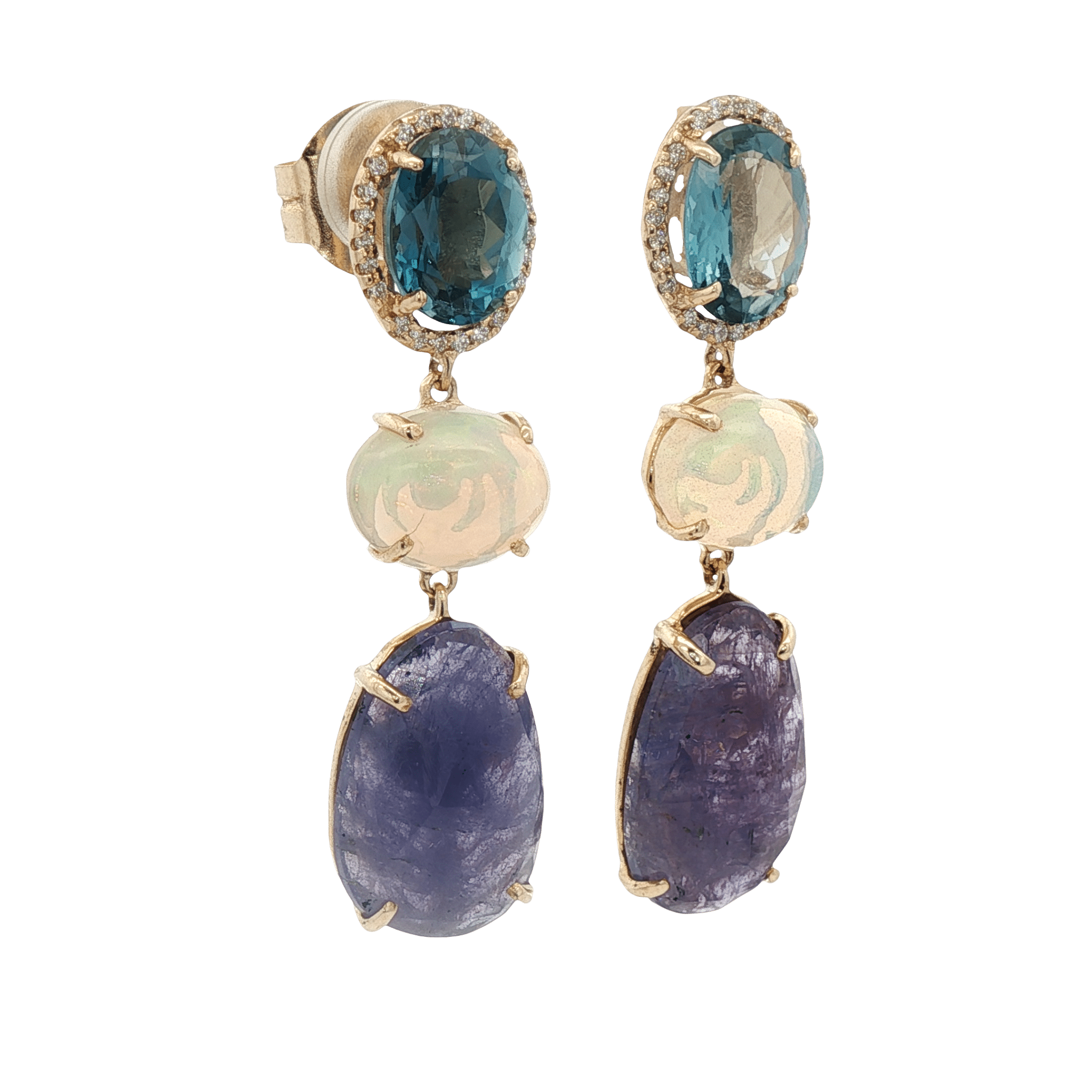 D0.25CT 14KY EARRINGS TANZANITE 4CT OPAL 3CT LONDON BLUE TOPAZ 2.5CT - C'SANTOS