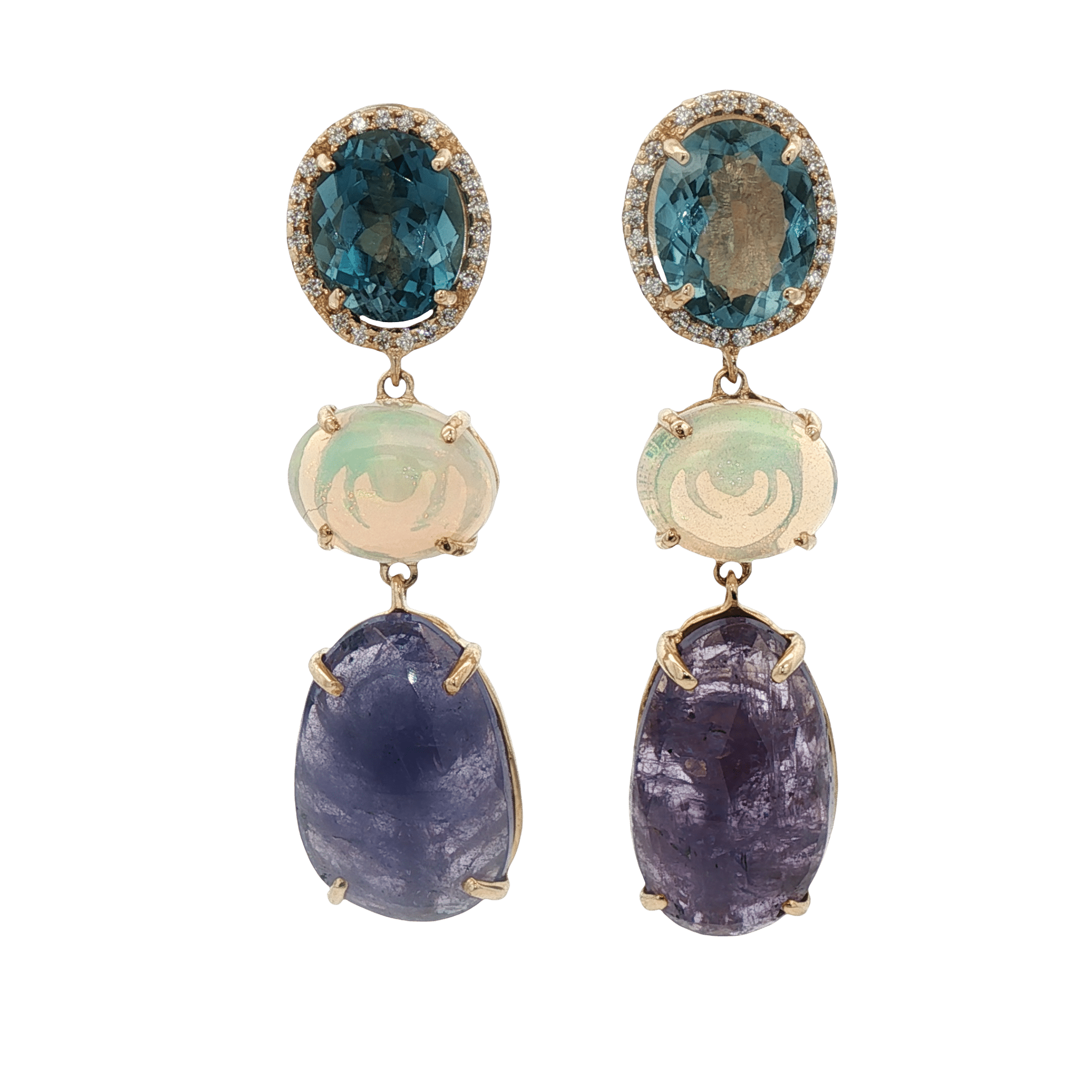 D0.25CT 14KY EARRINGS TANZANITE 4CT OPAL 3CT LONDON BLUE TOPAZ 2.5CT - C'SANTOS