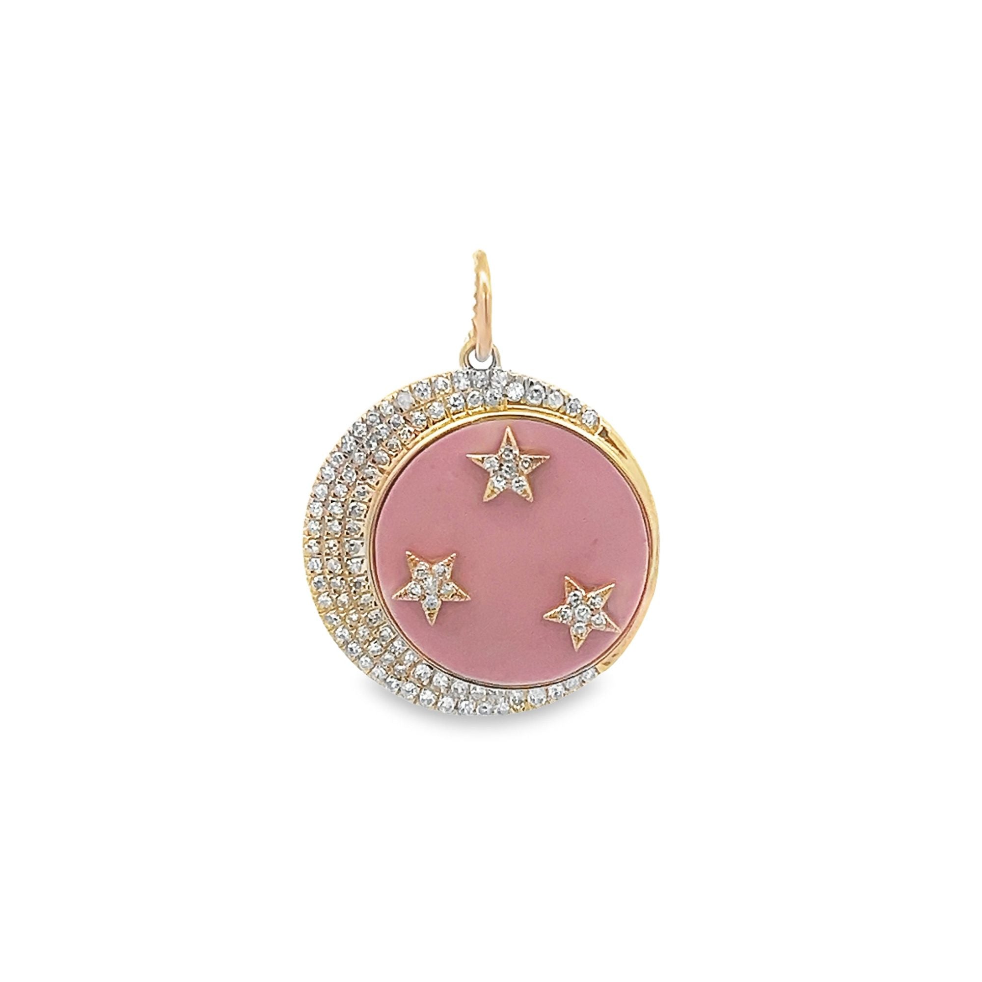 D0.28CT 14KY MOON PAVE CIRCLE TRIPLE STAR COIN PINK COLOR PENDANT - C'SANTOS