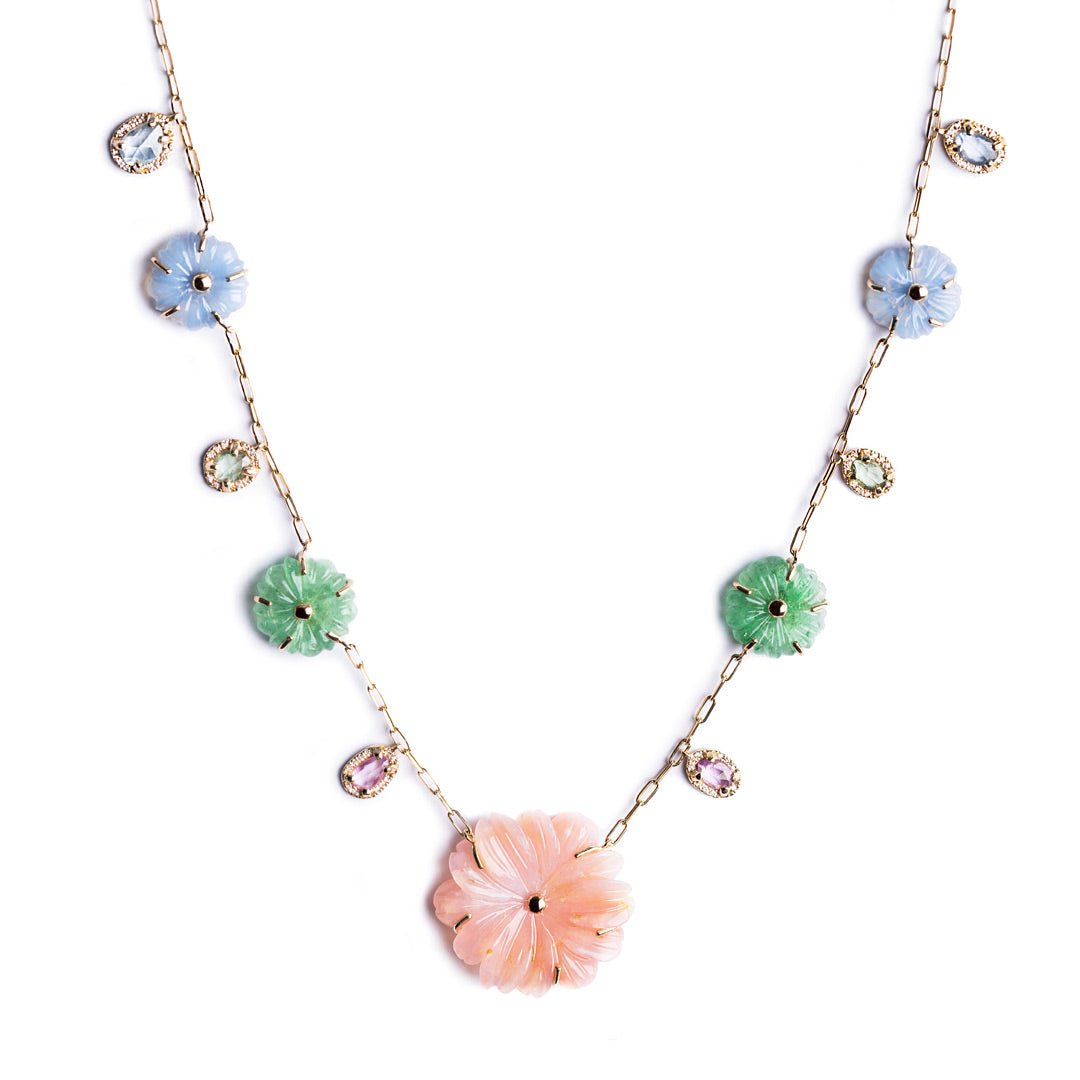D0.34 CT COLLAR ORO AMARILLO 14KT CON FLORES OPALO ROSADO CALCEDONIA CUARZO AVENTURINA Y MULTI ZAFIROS - C'SANTOS