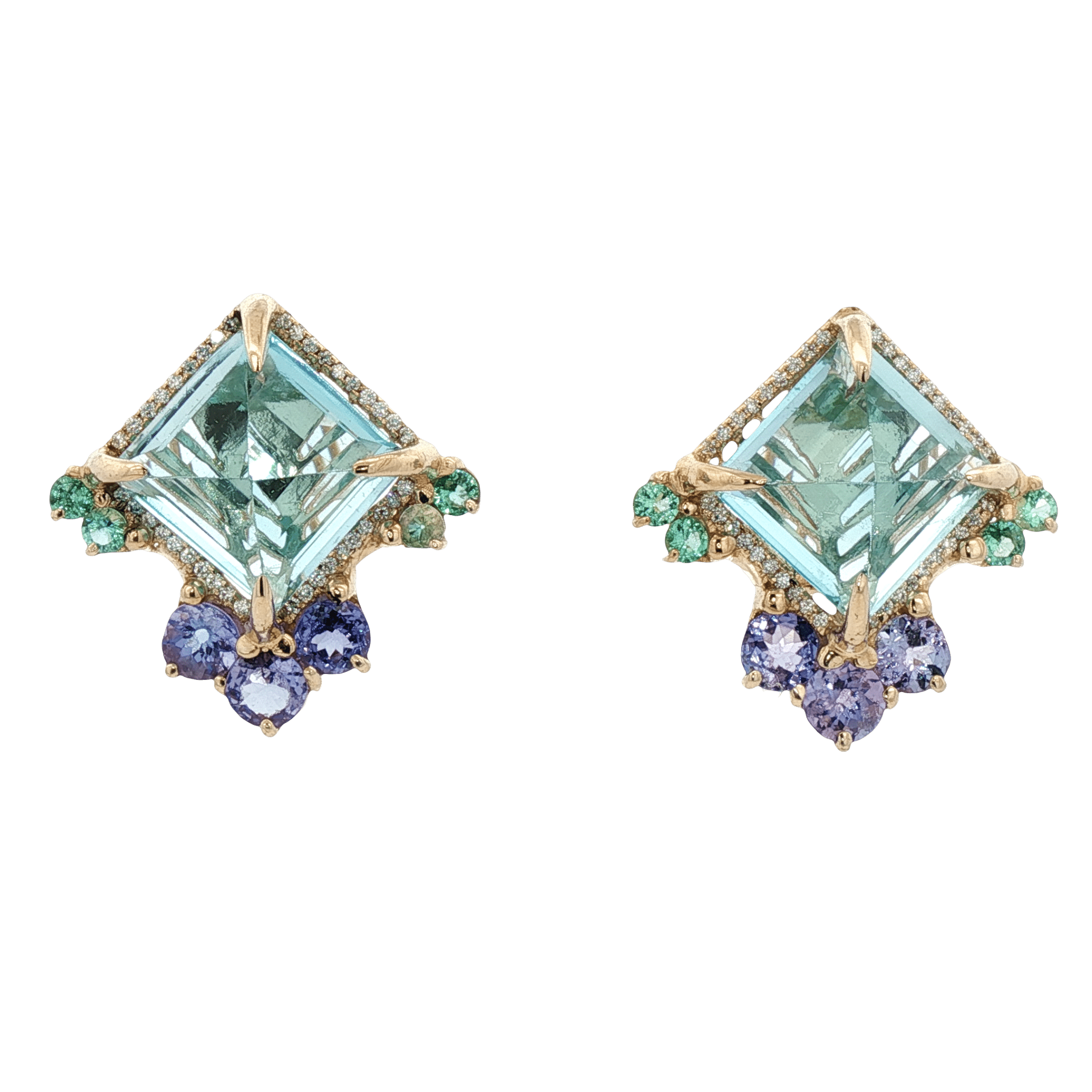 D0.39CT 14KY EARRINGS LIGHT BLUE TOPAZ 28CT TANZANITE AND EMERALDS - C'SANTOS