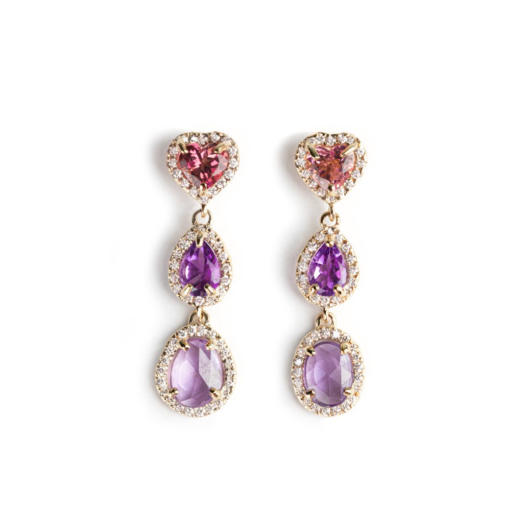 D0.54 CT ARETES ORO AMARILLO 14KT CON CORAZON RUBY AMATISTAS Y TURMALINAS - C'SANTOS