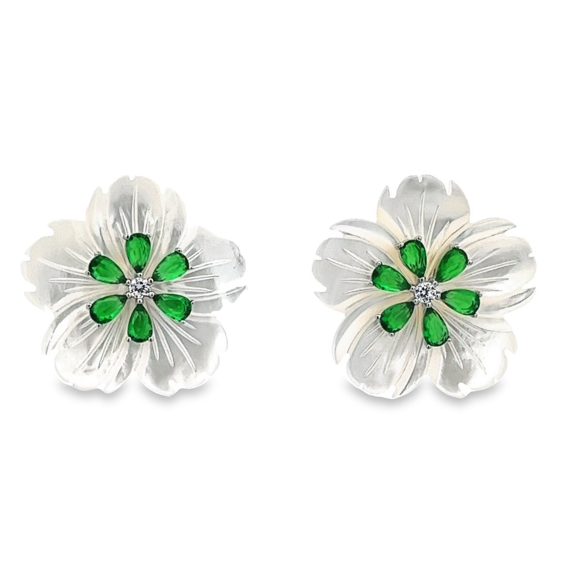 EARRING 925 SILVER TWO MOTHER OF PEARL SHELL FLOWERS ESMERALD SILVER - C'SANTOS