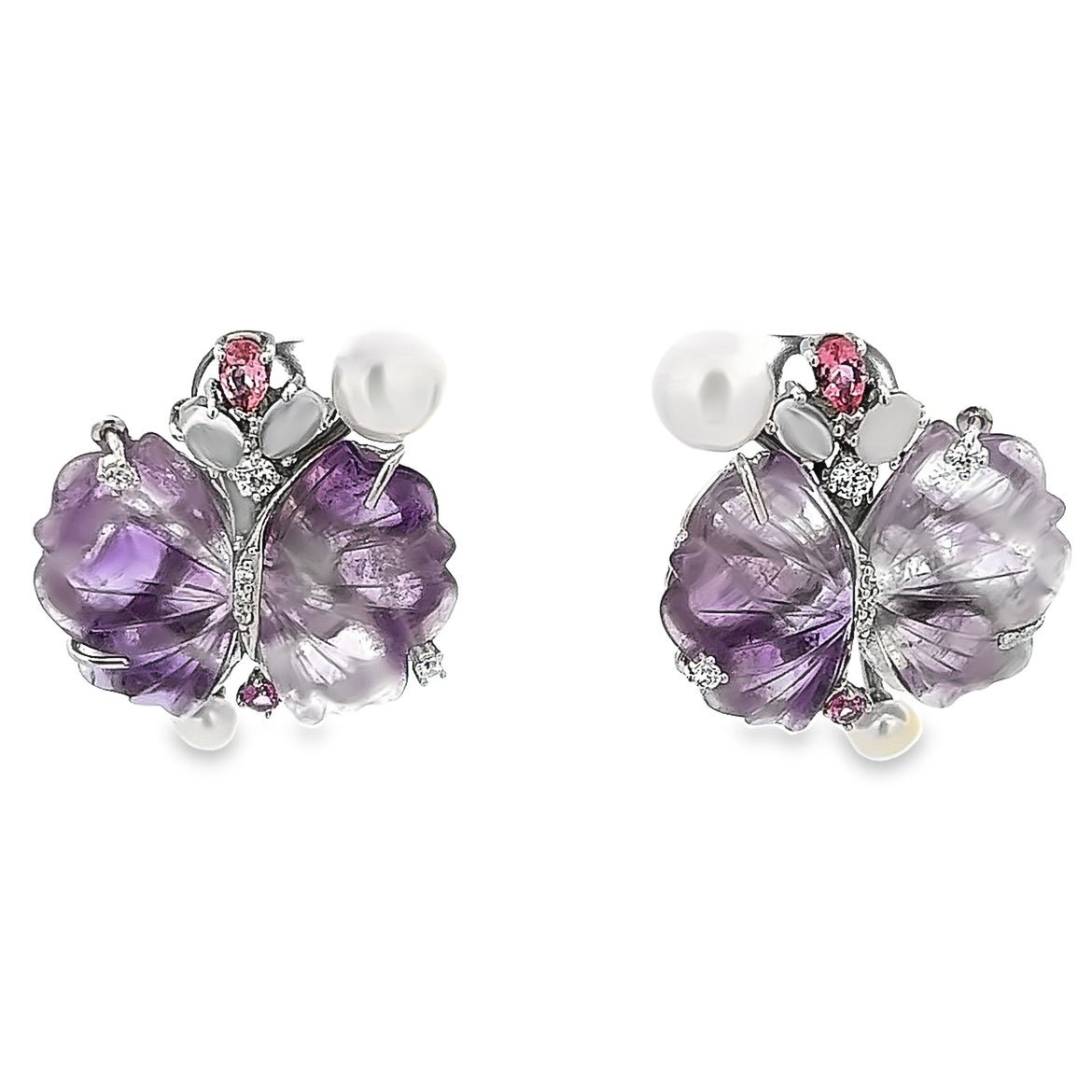 EARRING SILVER CENTER AMETHYST MOON STONE RED GLASS WHITE NATURAL PEARL WHITE - C'SANTOS