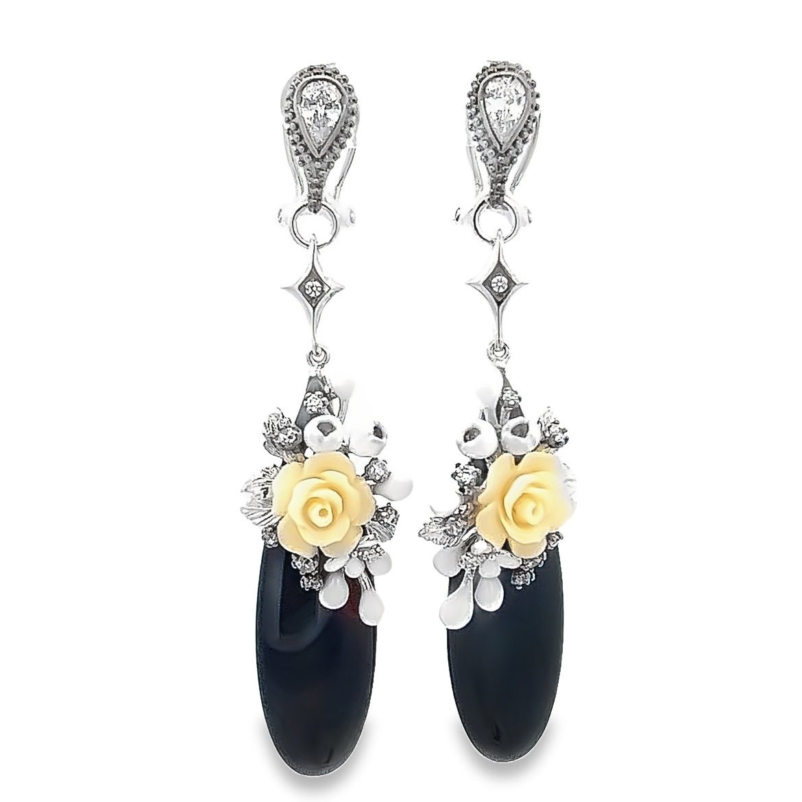 EARRING SILVER CENTER BLACK ONYX FL WHITE WHITE CZ - C'SANTOS