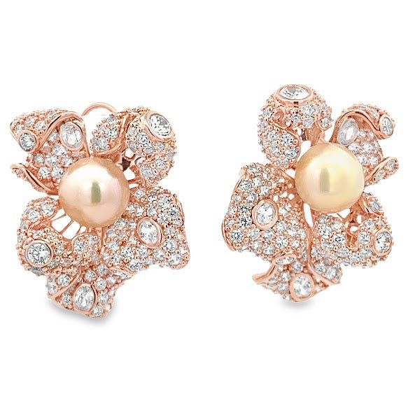 EARRING SILVER CENTER NATURAL PEARL ORANGE WHITE CZ - C'SANTOS