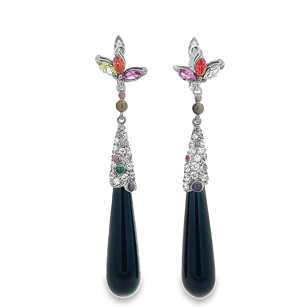 EARRING SILVER CENTER ONYX BLACK SYN PINK ORANGE OLIVE WHITE CZ - C'SANTOS