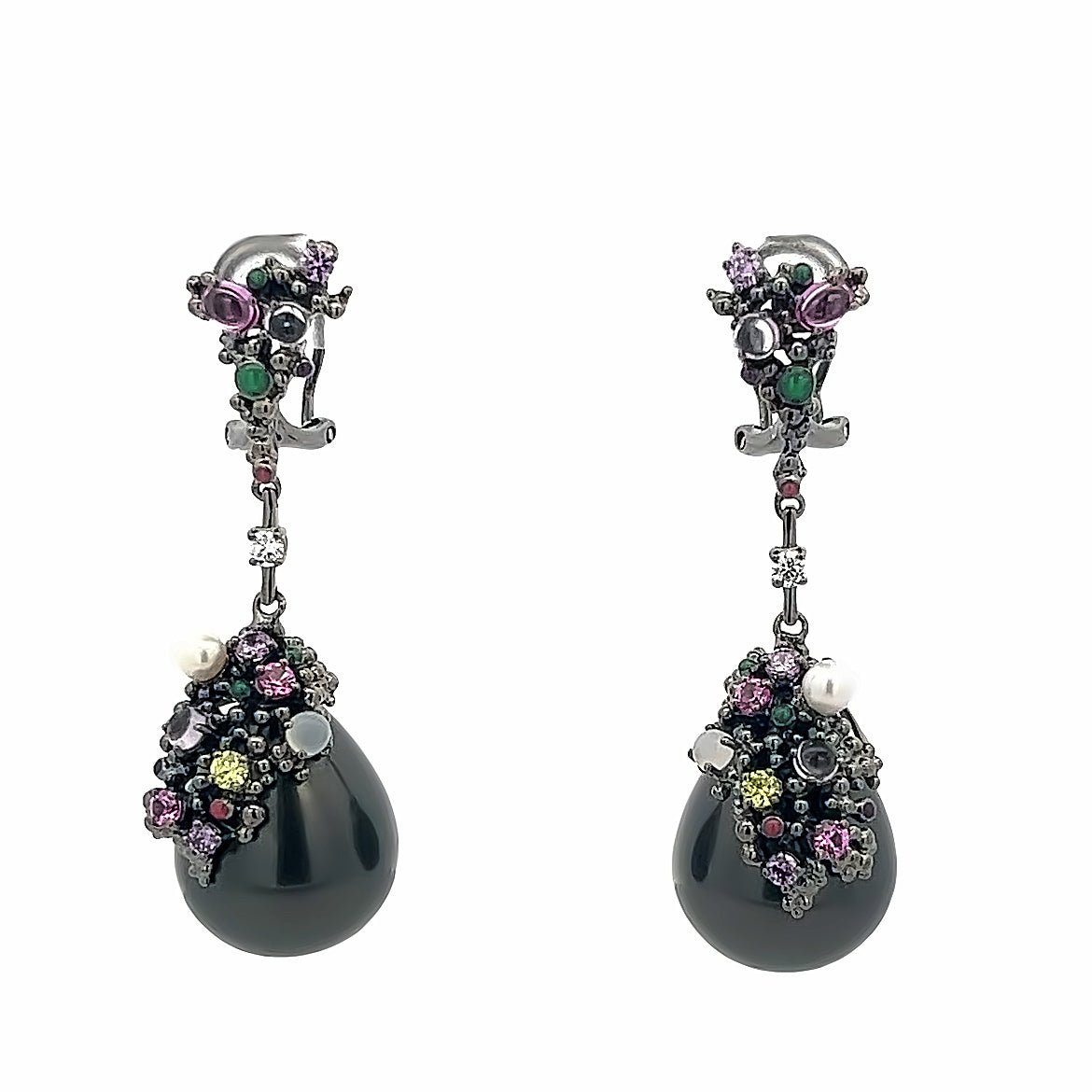 EARRING SILVER CENTER SYN BLACK PEARL MOON STONE SYN PINK OLIVE PURPLE WHITE - C'SANTOS
