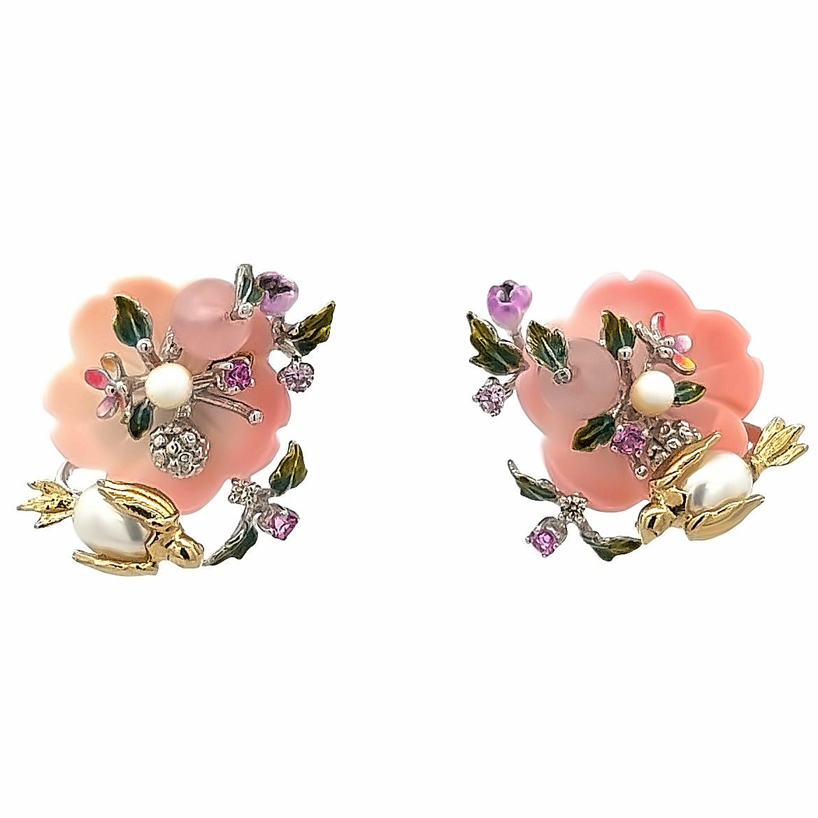 EARRING SILVER FL SHELL PINK FRESH WATER PEARL WHITE CZ MIX BEAD ROSE QUARTZ - C'SANTOS