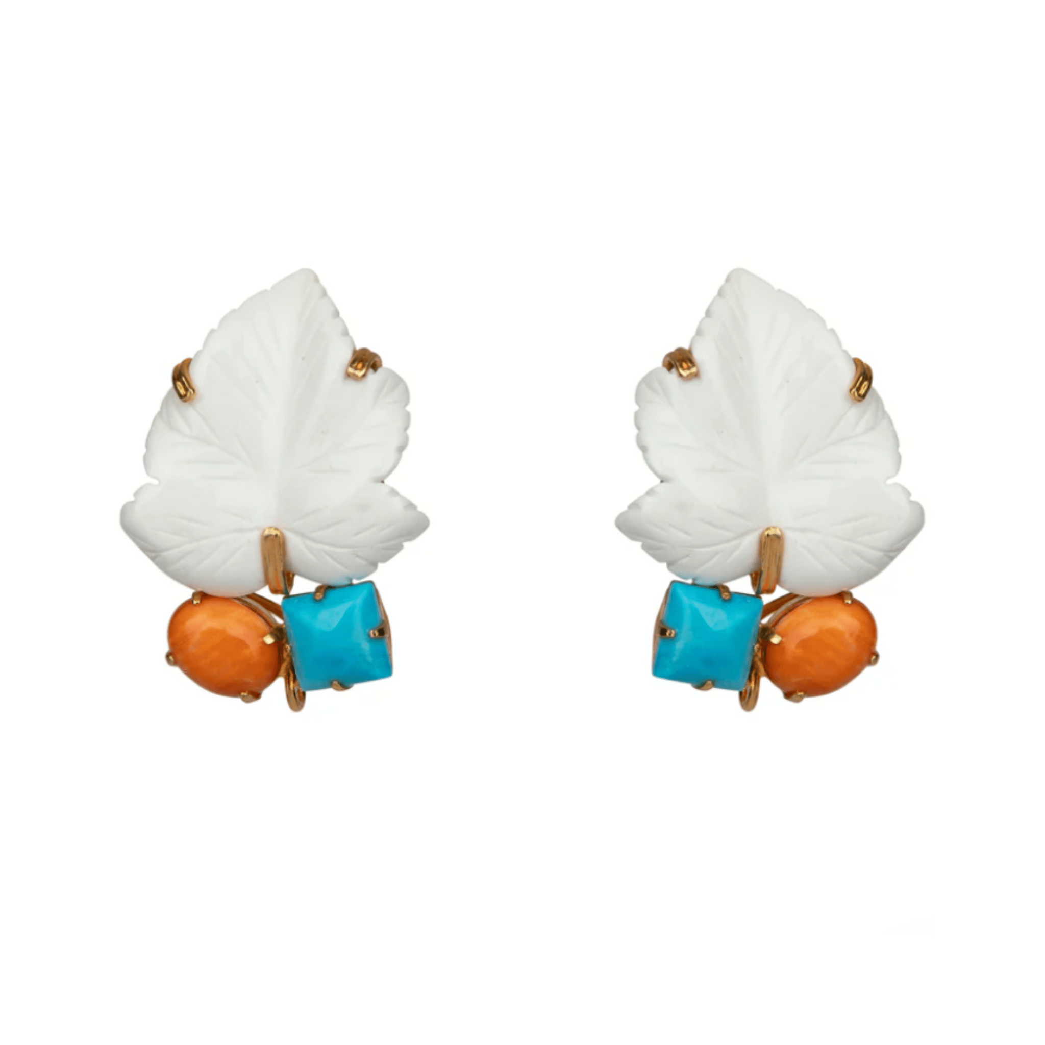 EARRINGS CARVED WHITE AGATE LEAF WITH TURQUOISE AND SPINY OYESTER - C'SANTOS