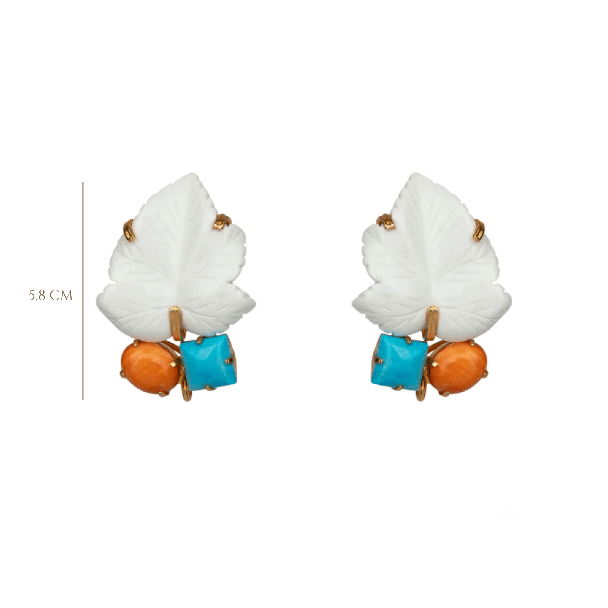 EARRINGS CARVED WHITE AGATE LEAF WITH TURQUOISE AND SPINY OYESTER - C'SANTOS