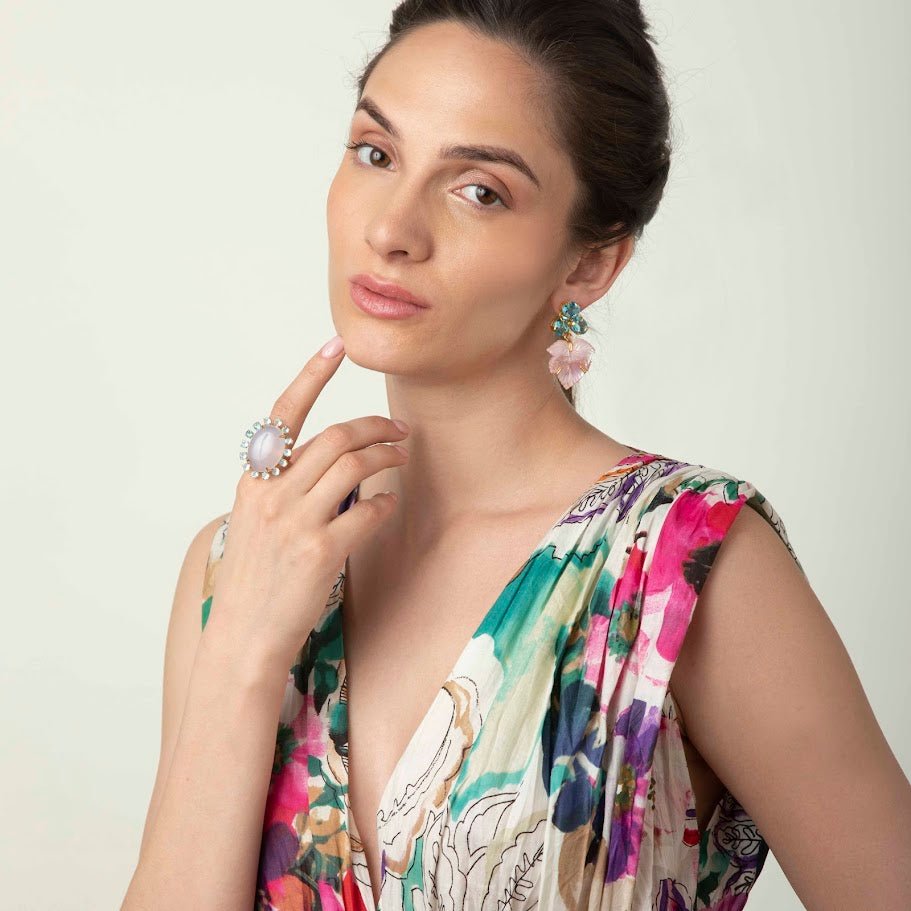 EARRINGS CLUSTER OF THREE OVAL BLUE QUARTZ WITH PINK MOTHER OF PEARL LEAF DROP - C'SANTOS