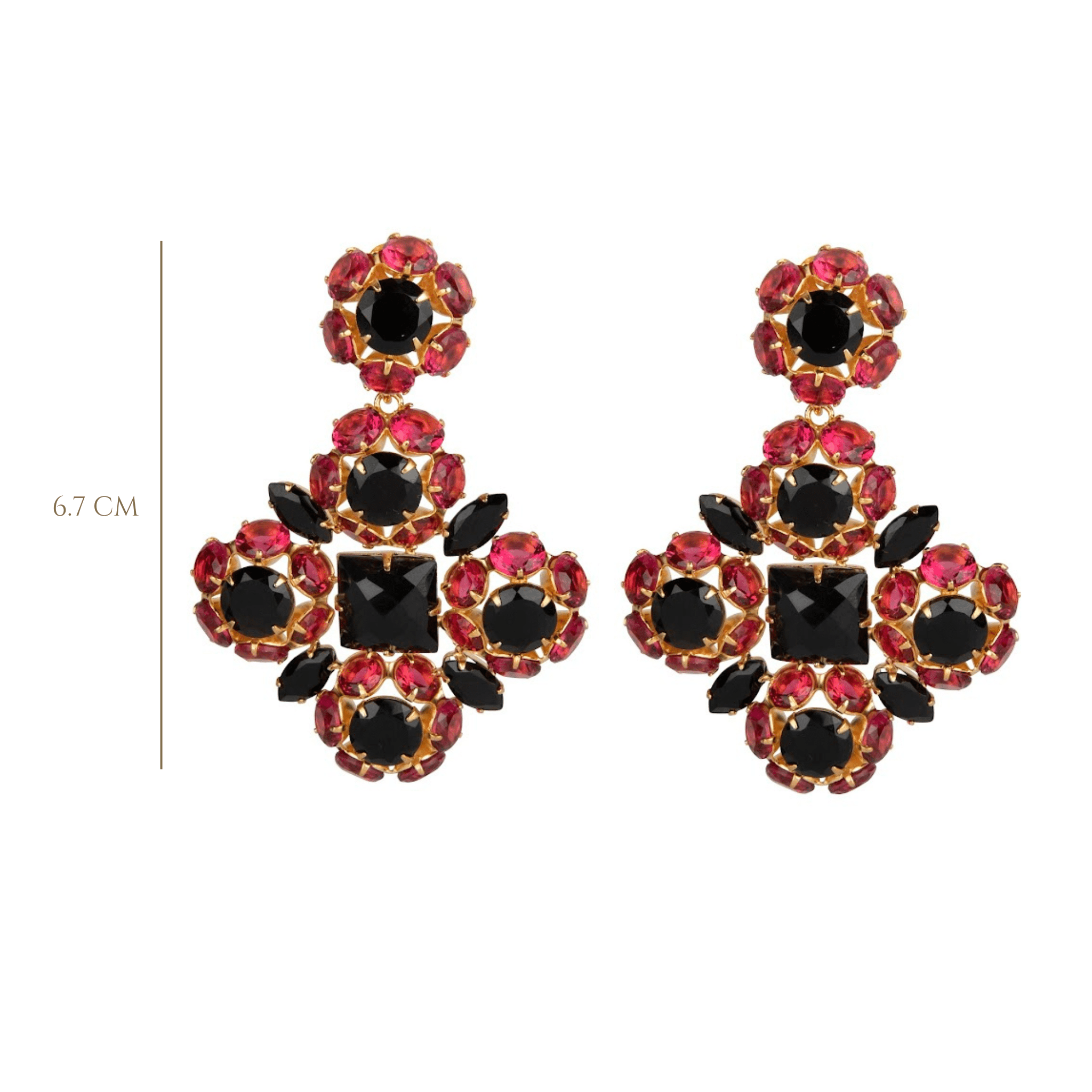 EARRINGS METAL FLOWERS SET WITH FUCHSIA CZ AND BLACK ONYX - C'SANTOS