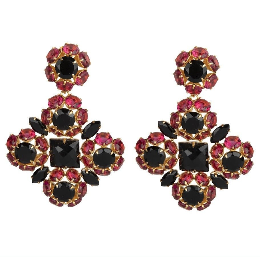 EARRINGS METAL FLOWERS SET WITH FUCHSIA CZ AND BLACK ONYX - C'SANTOS