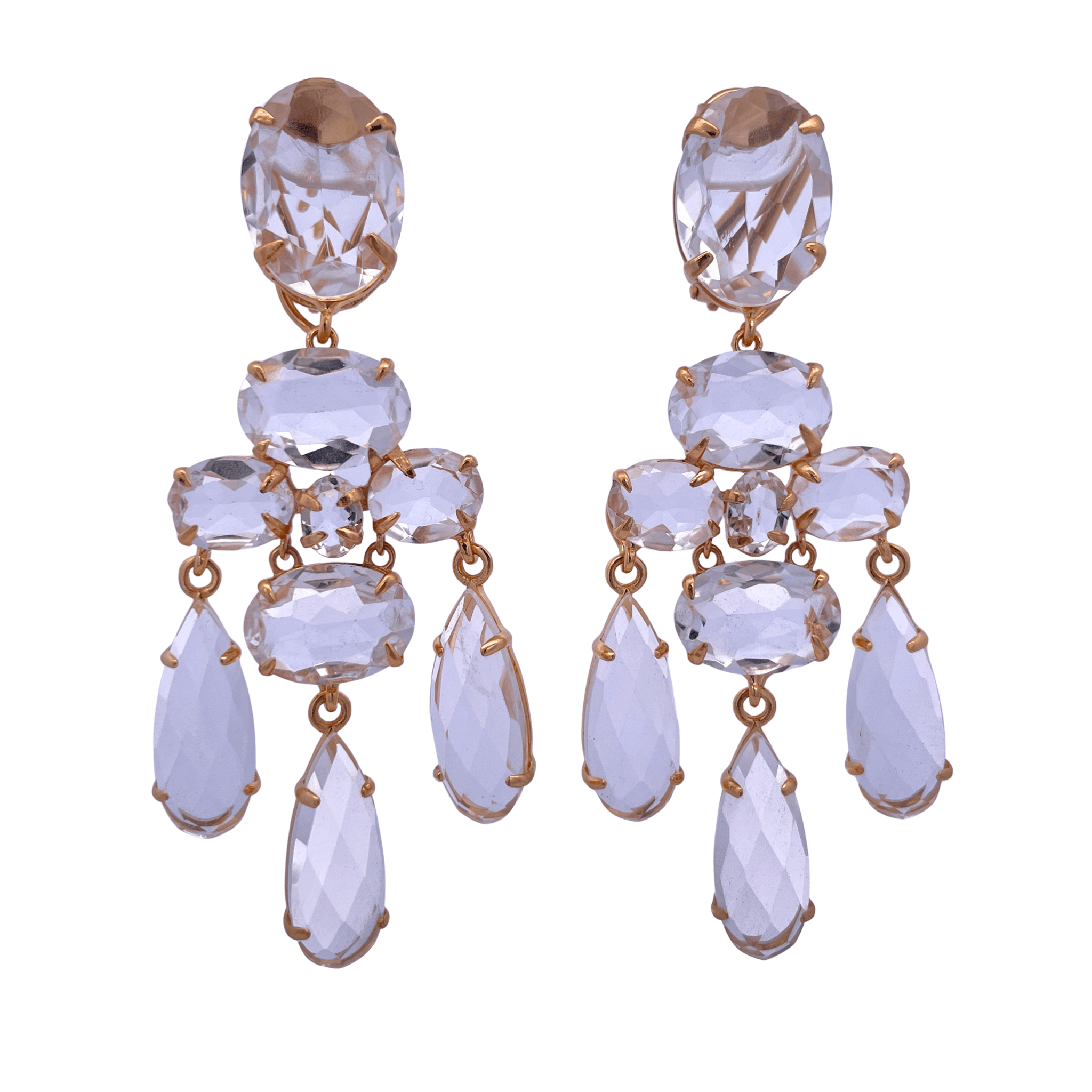 EARRINGS OVAL 18X13 TOP WITH CLUSTER OF OVALS AND THREE DROPS 26X8 ALL CLEAR QUARTZ - C'SANTOS