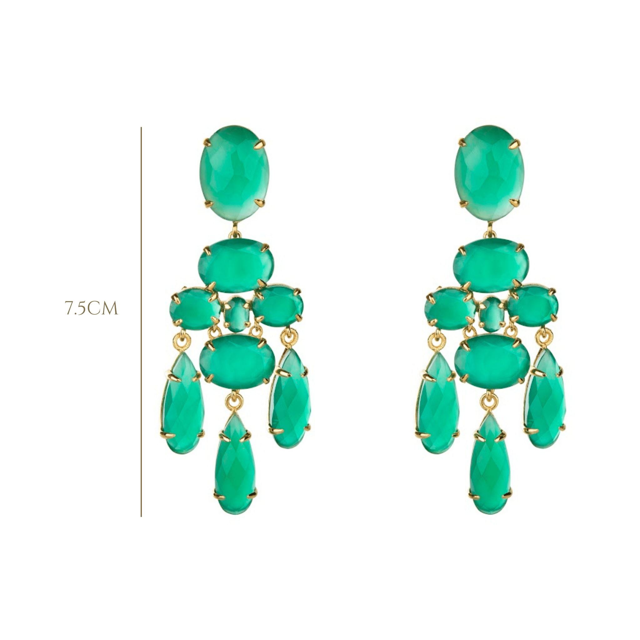EARRINGS OVAL 18X13 TOP WITH CLUSTER OF OVALS AND THREE DROPS 26X8 ALL GREEN ONYX - C'SANTOS