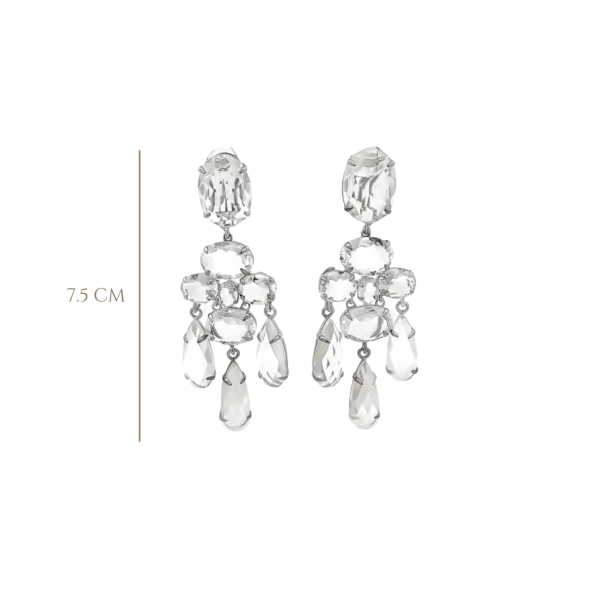 EARRINGS OVAL TOP WITH CLUSTER OF OVALS AND THREE DROPS X ALL CLEAR QUARTZ - C'SANTOS