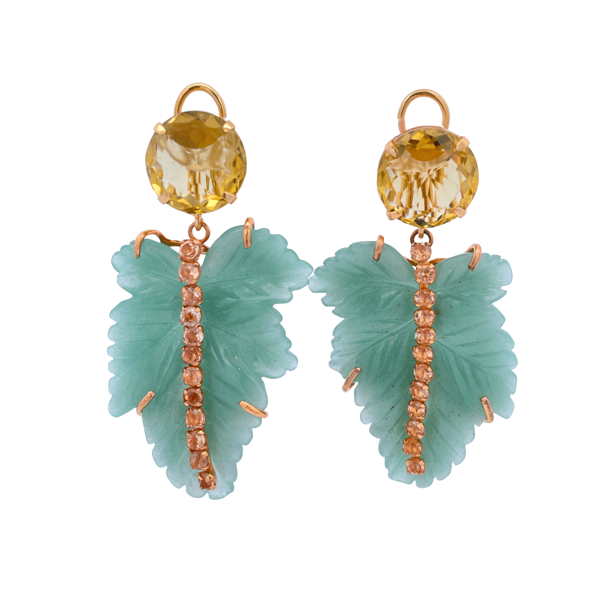 EARRINGS ROUND 20MM FACTED LEMON QUARTZ WITH CARVED GREEN AVENTURINE LEAF DROP - C'SANTOS