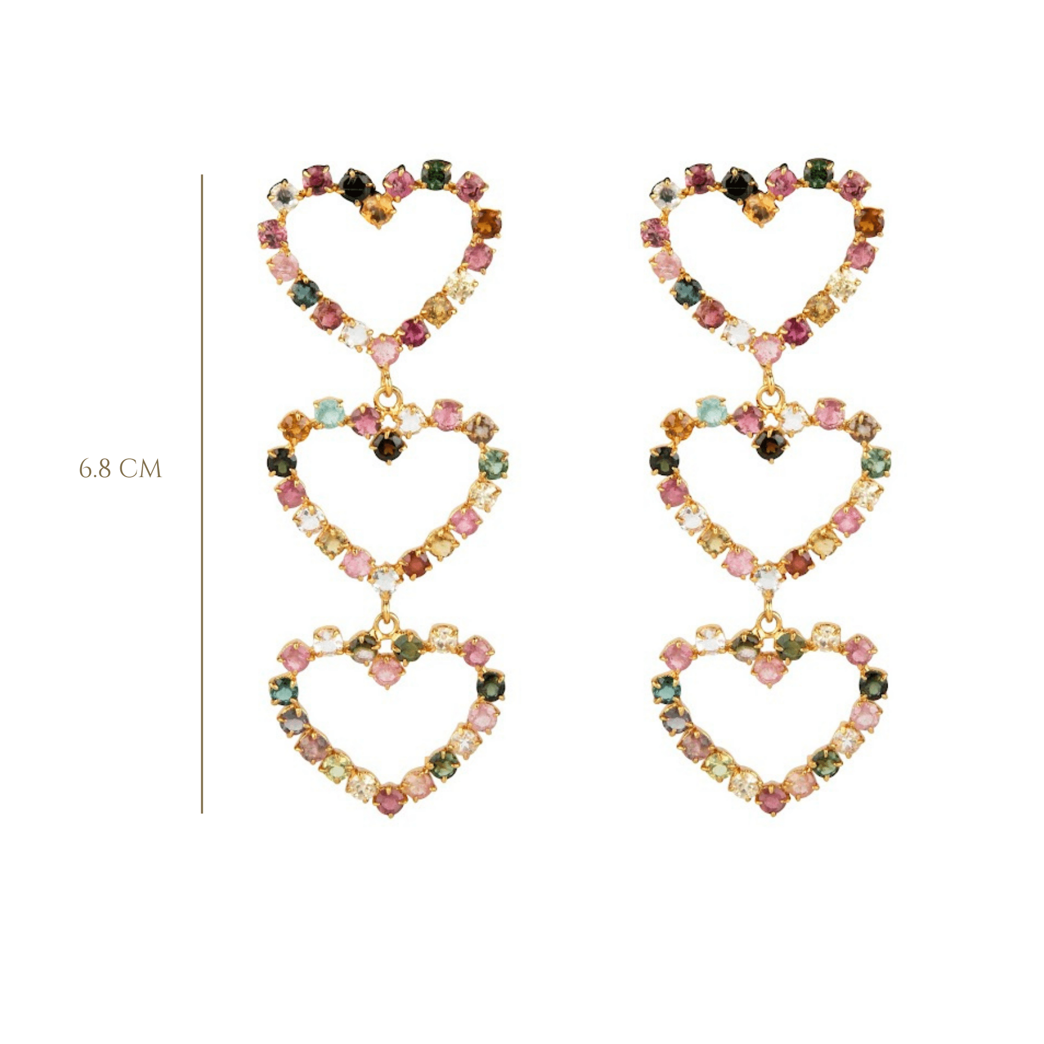 EARRINGS ROW OF THREE HEARTS SET WITH FACETED 3MM ROUND TOURMALINES - C'SANTOS