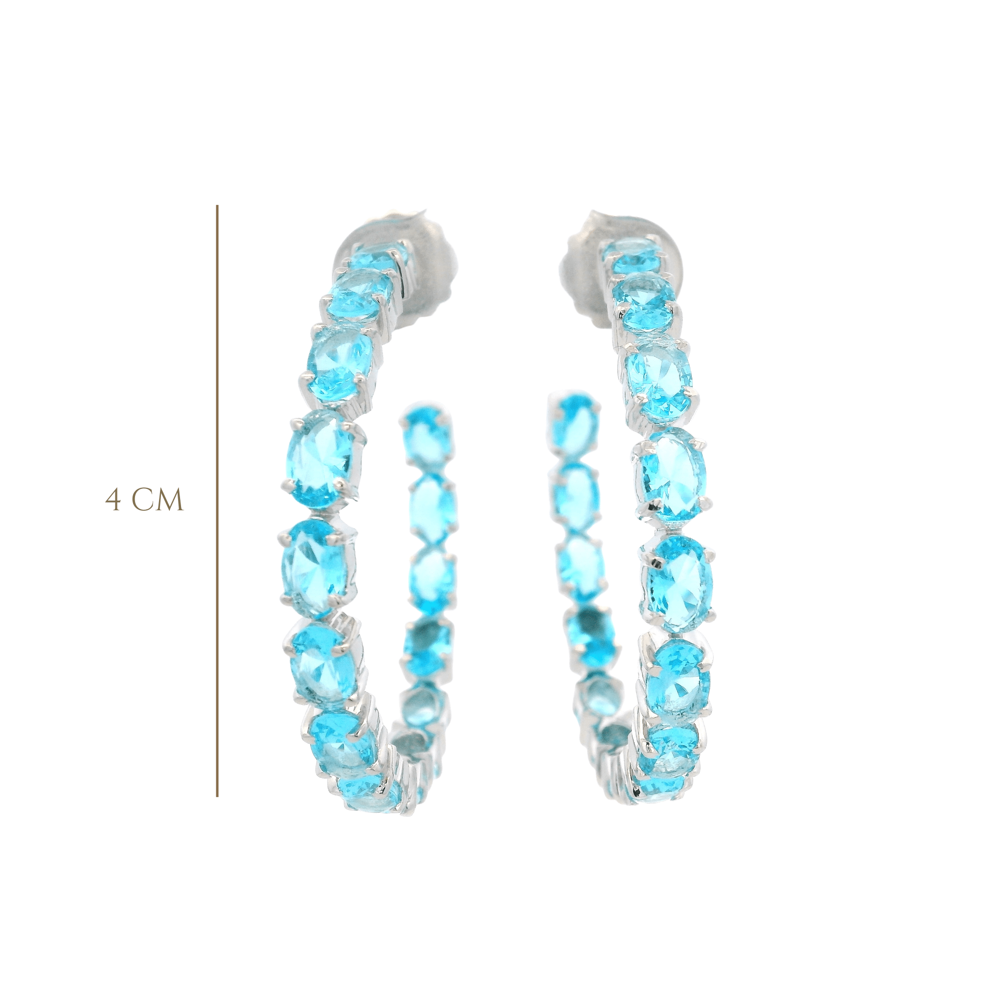 HOOP EARRINGS DOUBLE SIDED SET WITH OVAL BLUE TOPAZ RHODIUM PLATED - C'SANTOS