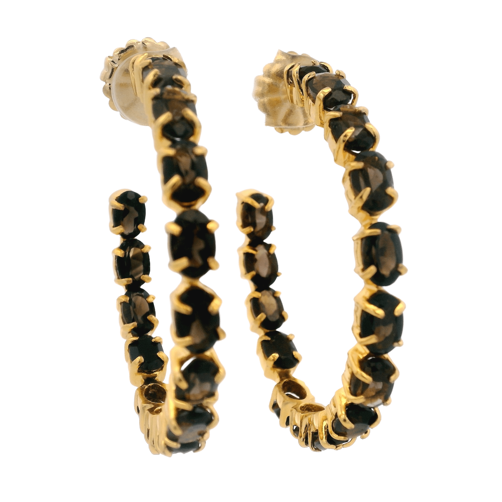 HOOP EARRINGS DOUBLE SIDED SET WITH OVAL FACTED SMOKY QUARTZ - C'SANTOS