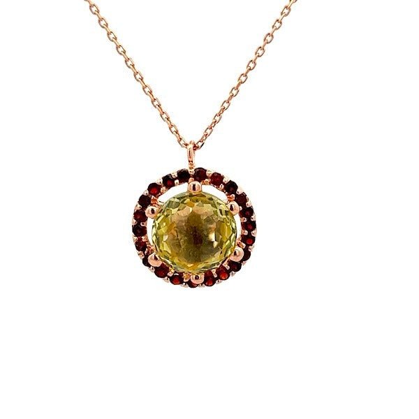 LEMON QUARTZ GARNET BUFF TOP CHECKER ROUND NECKLACE - C'SANTOS