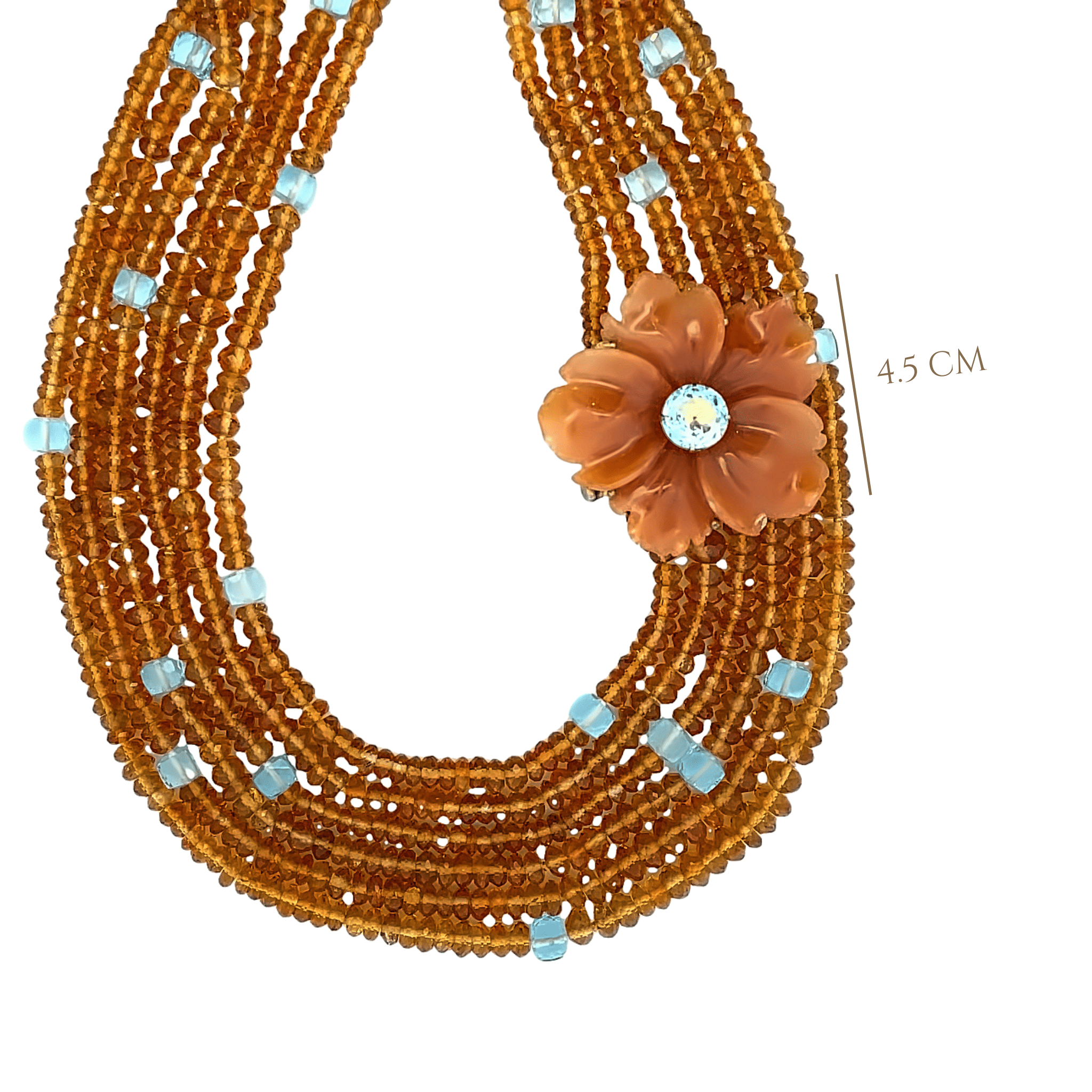 LONG NECKLACE OF 6 STRANDS OF CITRINE RONDELLES WITH BLUE TOPAZ AND REMOVABLE CARVED RED A - C'SANTOS