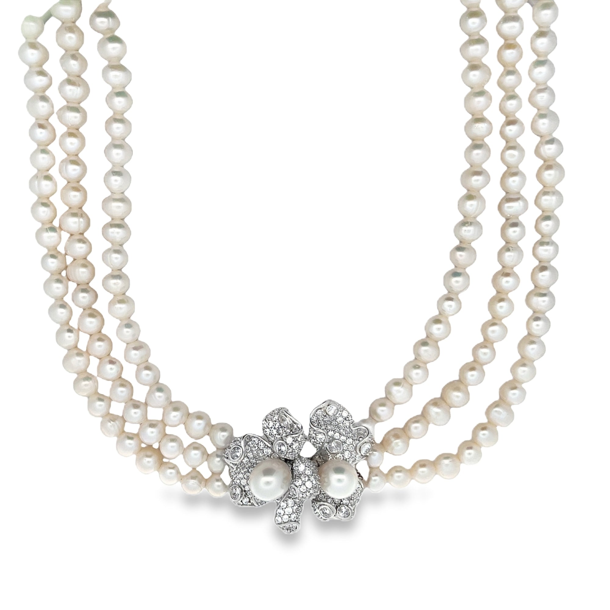 NECKLACE SILVER CENTER FRESH WATER PEARL WHITE CZ - C'SANTOS