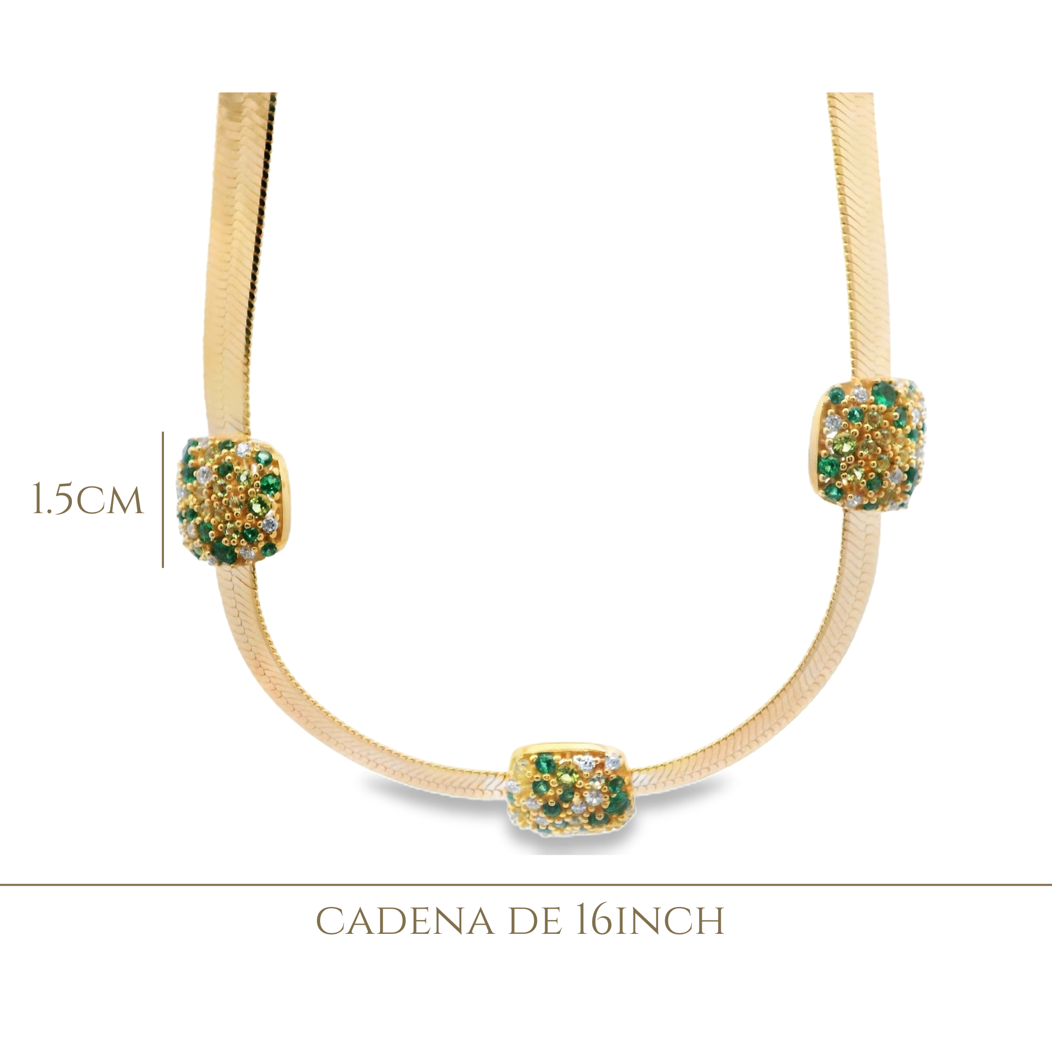 TRIPLE BAR CLUSTER GREEN CRYSTALS NECKLACE IN 925 GOLD PLATED