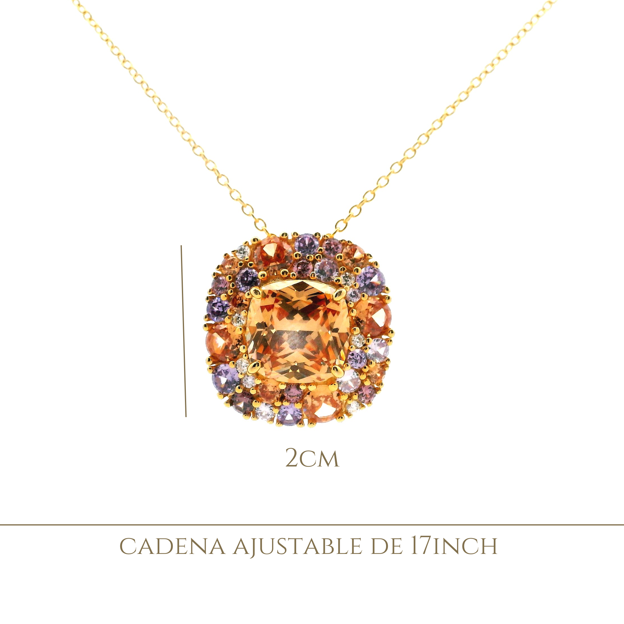 SQUARE CHAMPAGNE WITH CLUSTER MULTICOLOR CRYSTALS NECKLACE IN 925 GOLD PLATED