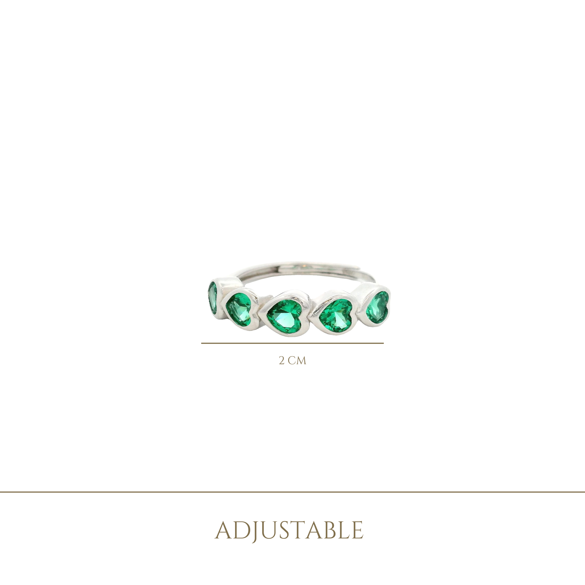 925SS FIVE HEARTS GREEN CZ ADJUSTABLE RING