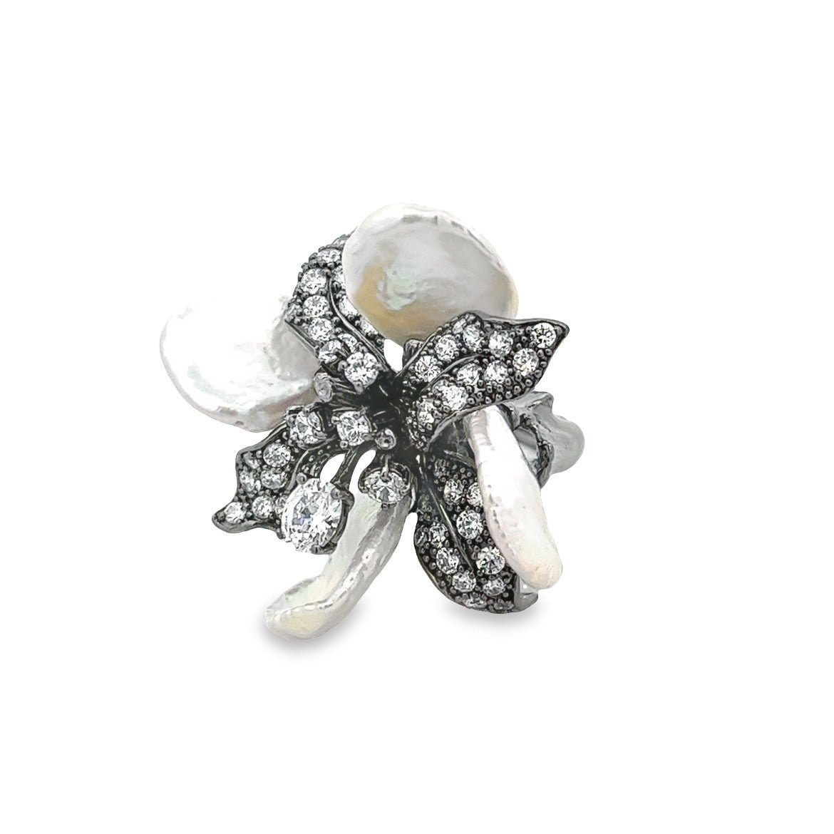 RING SILVER CENTER WHITE CZ FRESH WATER WHITE PEARL BP - C'SANTOS