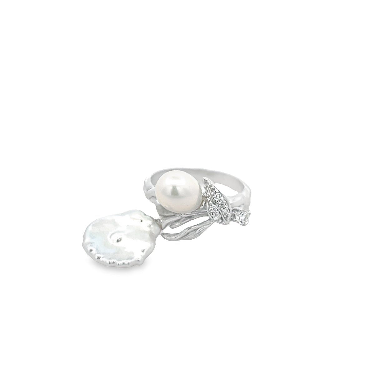 RING SILVER CENTER WHITE CZ FRESH WATER WHITE PEARL RP - C'SANTOS