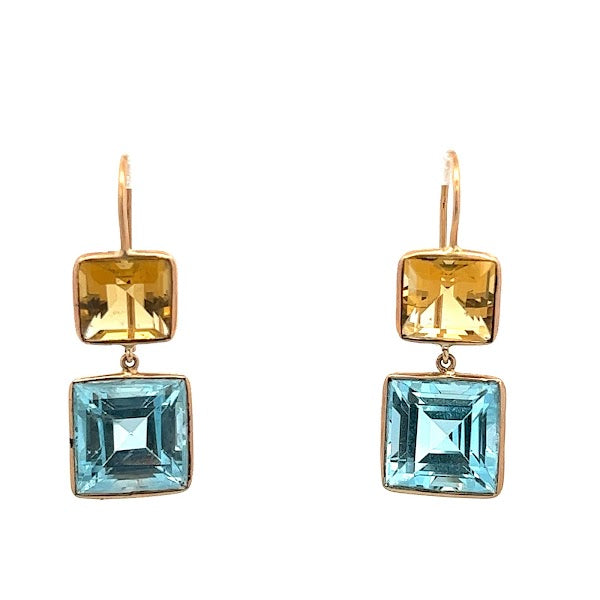 14K EARRING CITRINA Y TOPACIO CELESTE ARETES