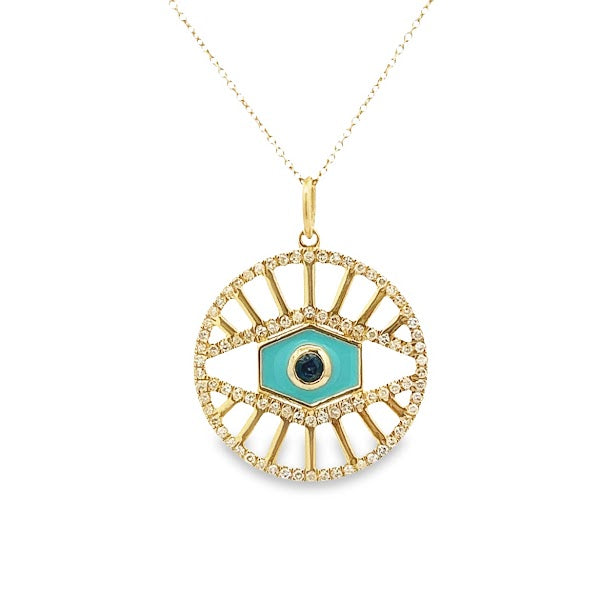 D0.39CT 14KY BLUE SAPPHIRE TOURQOISE ENAMEL EVIL EYE CHARM