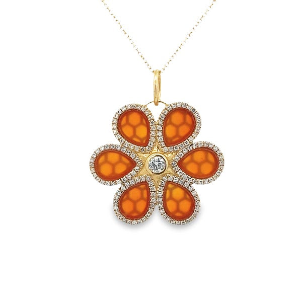 14K GOLD RED ONYX DIAMOND FLOWER CHARM