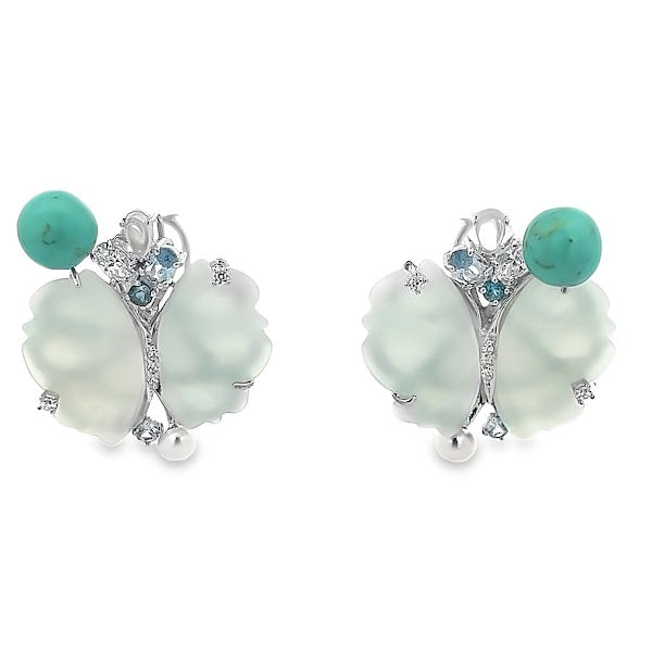 EARRING SILVER CENTER BLUE QUARTZ MOONSTONE BLUE SYN TURQUOISE WHITE CZ