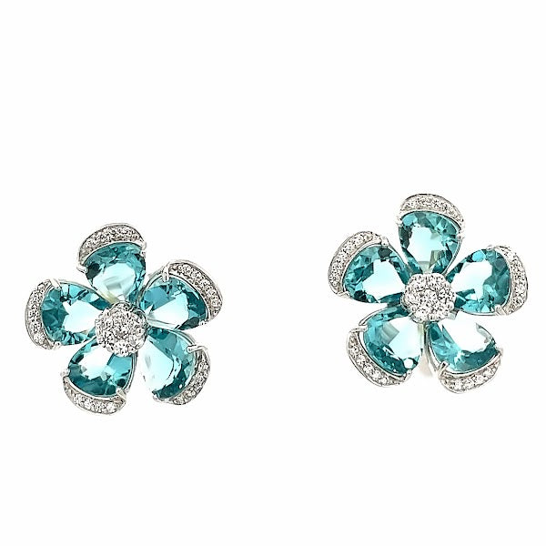 925 SILVER PLATED TOPAZ BLUE CRYSTALS FLOWER EARRINGS