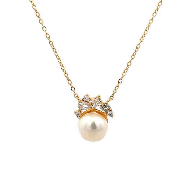 925YG SEMI CLUSTER PEARL 9MM CZ NECKLACE
