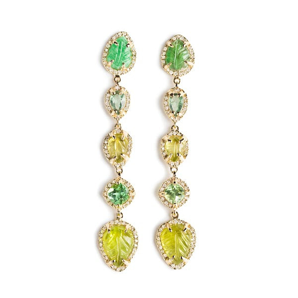D0.84 CT ARETES ORO AMARILLO 14KT CON HOJAS PERIDOT ESMERALDA Y TURMALINA VERDE