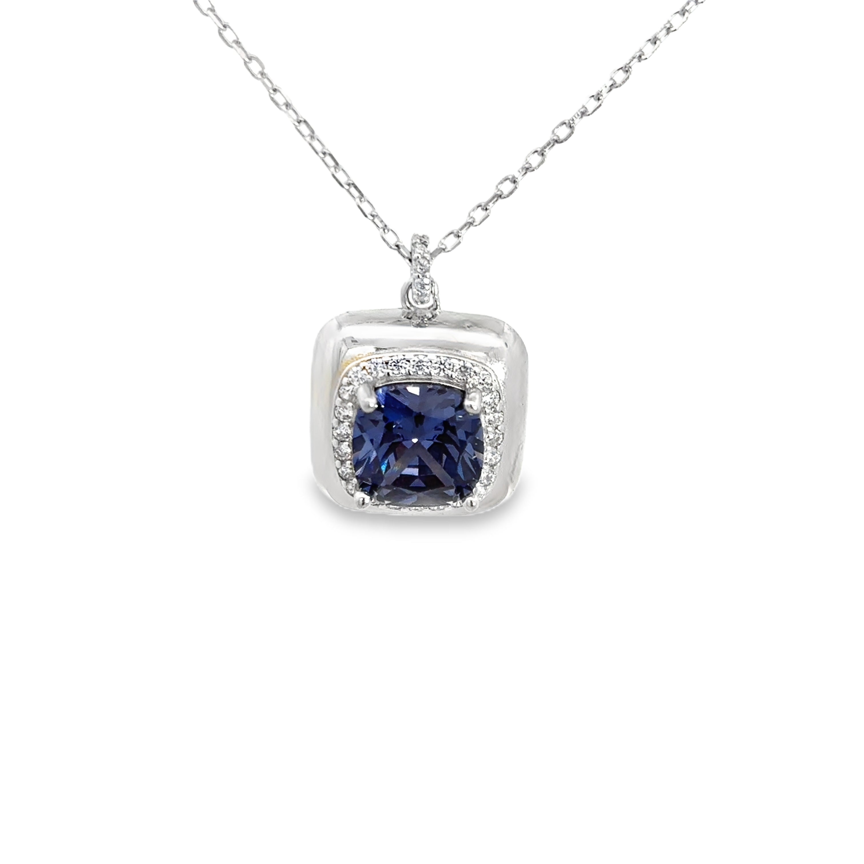 925SS BIG SQUARE BLUE CZ NECKLACE